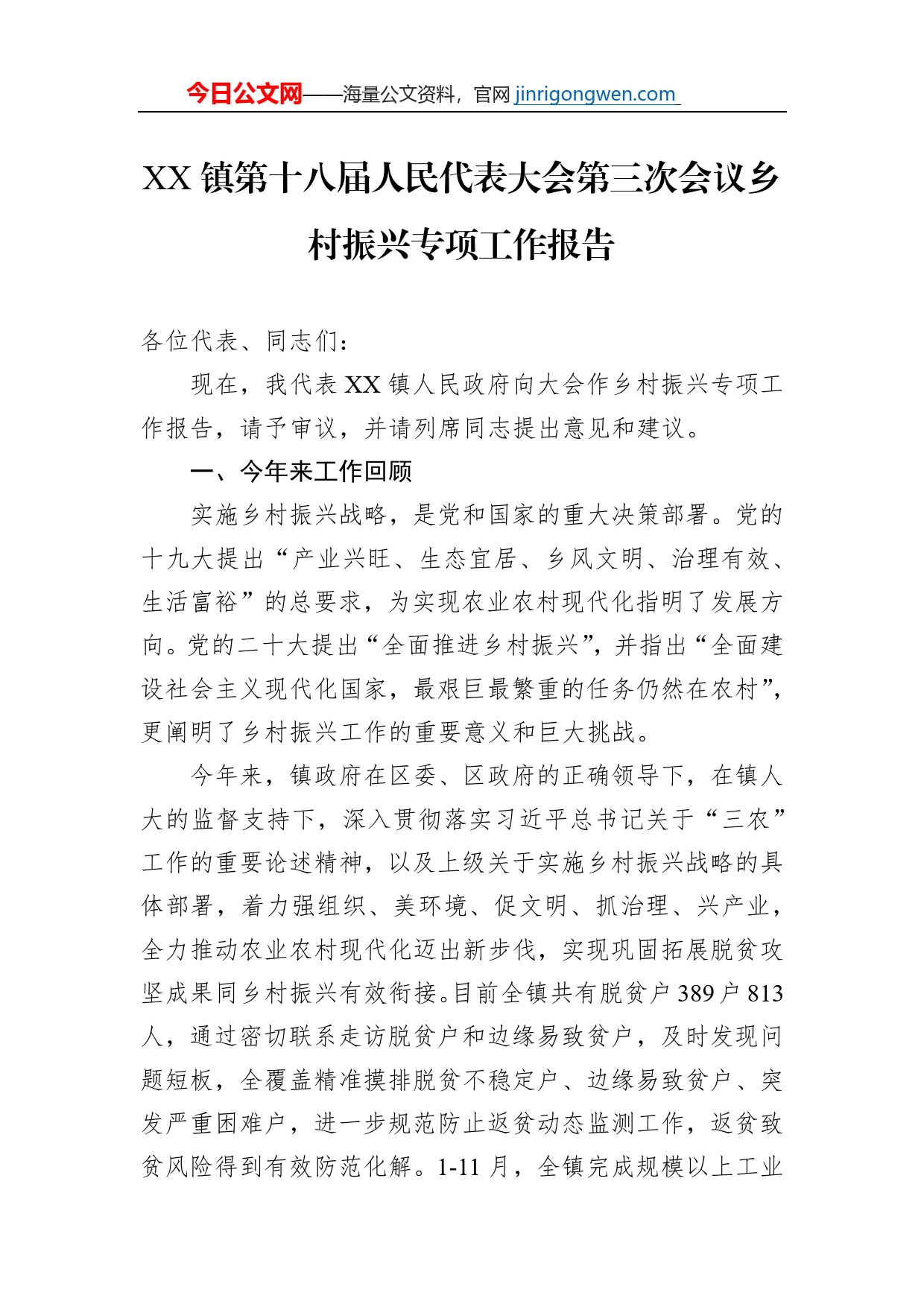 XX镇第十八届人民代表大会第三次会议乡村振兴专项工作报告（20230105）_第1页