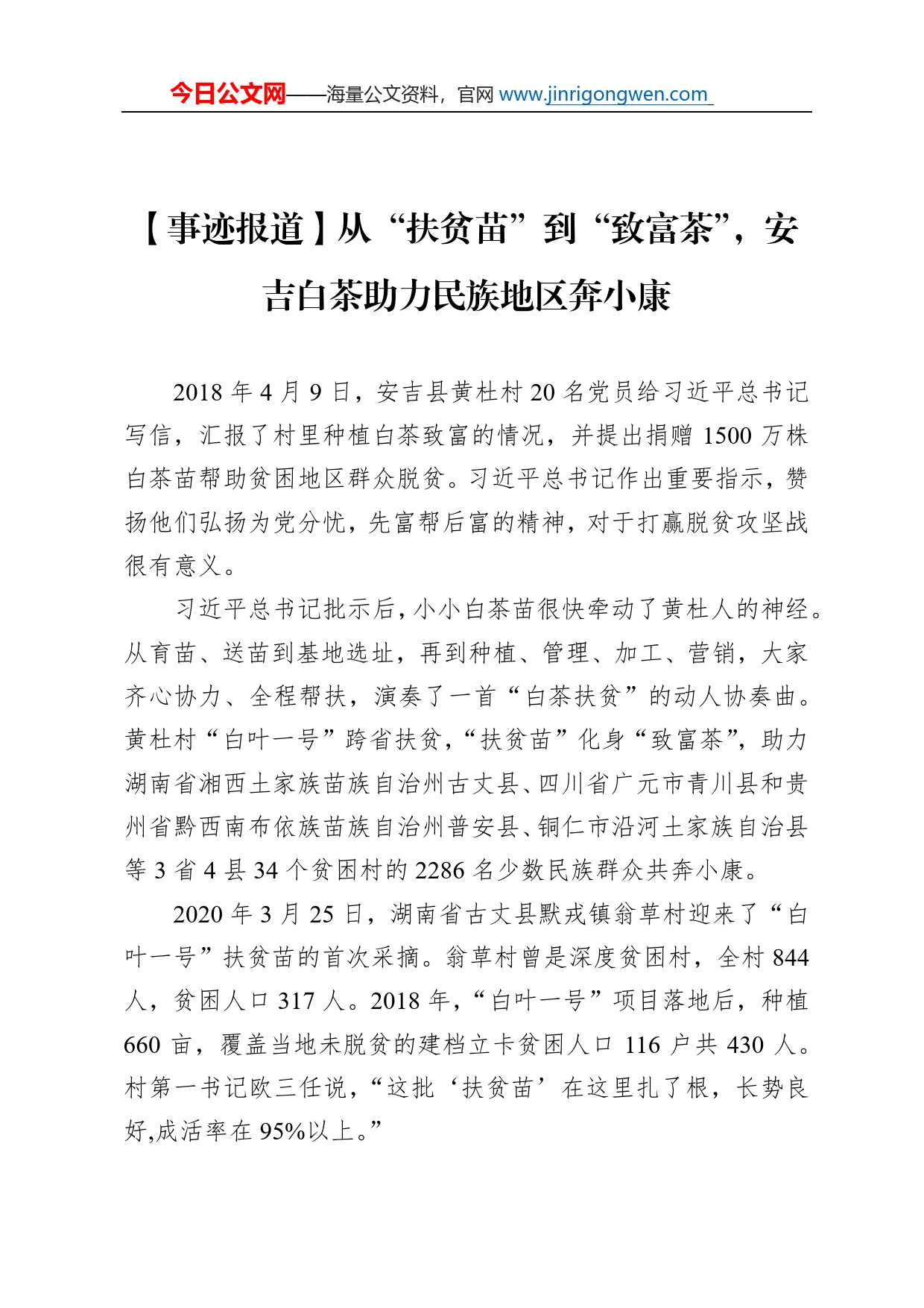 【事迹报道】从“扶贫苗”到“致富茶”，安吉白茶助力民族地区奔小康_第1页