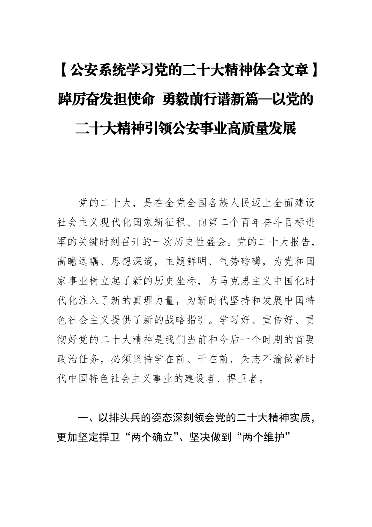 【公安系统学习党的二十大精神体会文章】踔厉奋发担使命勇毅前行谱新篇以党的二十大精神引领公安事业高质量发展1_第1页