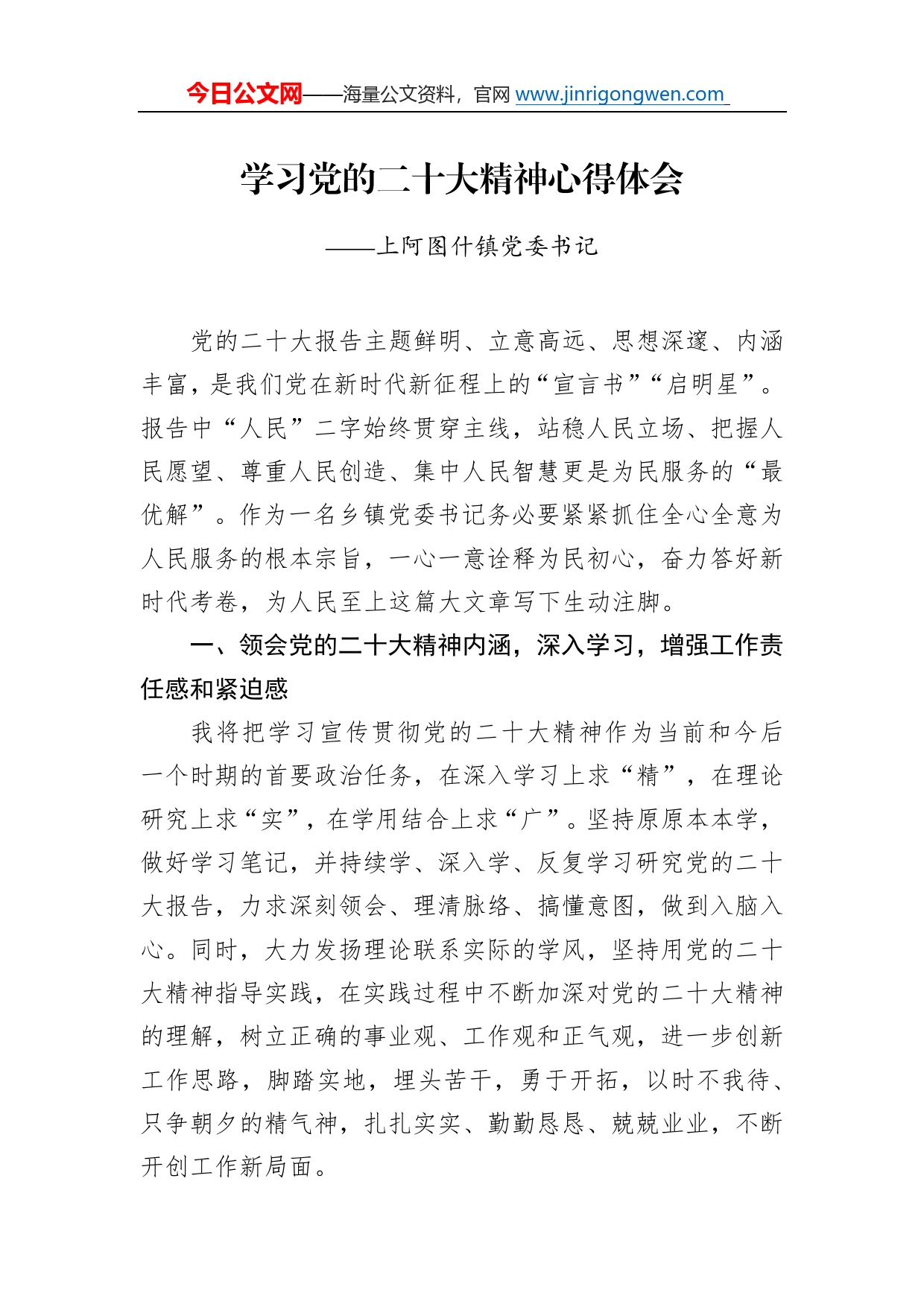 上阿图什镇党委书记学习二十大精神心得体会（20221219）61_第1页