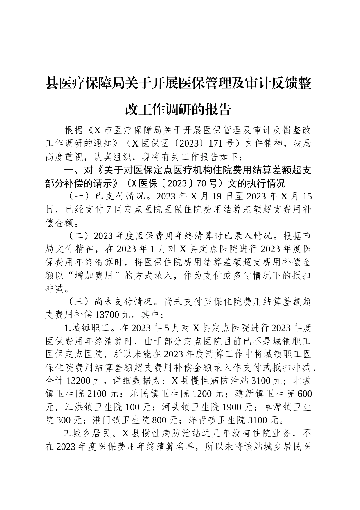 县医疗保障局关于开展医保管理及审计反馈整改工作调研的报告_第1页