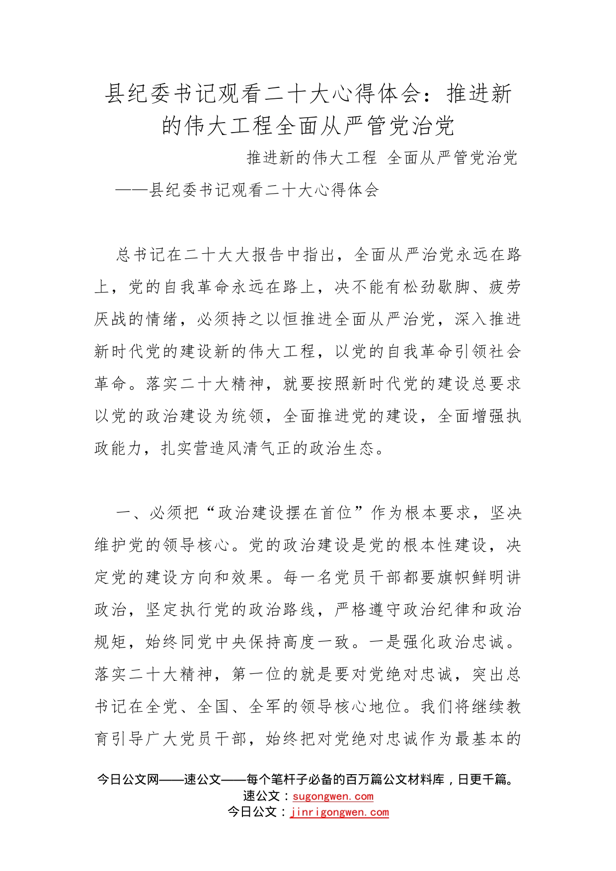 县纪委书记观看二十大心得体会：推进新的伟大工程全面从严管党治党_第1页