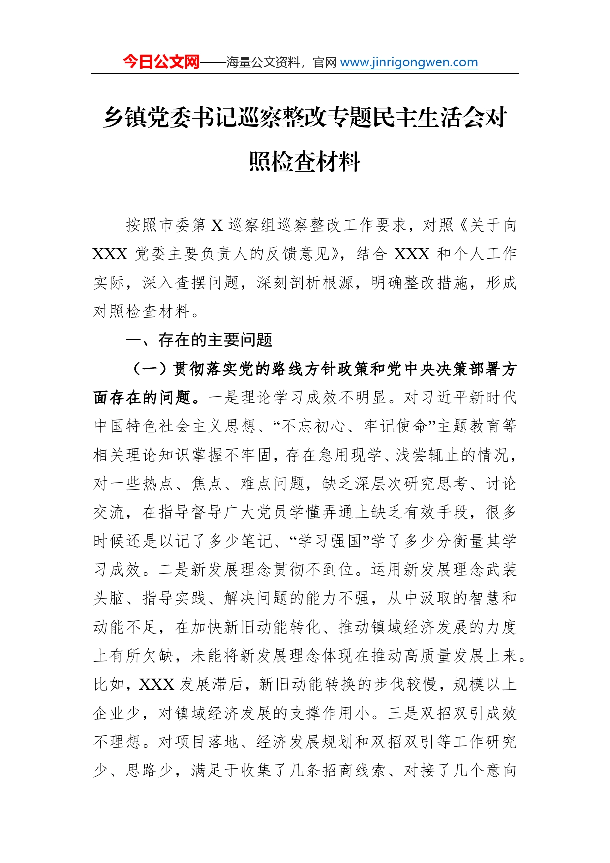 乡镇党委书记巡察整改专题民主生活会对照检查材料_第1页