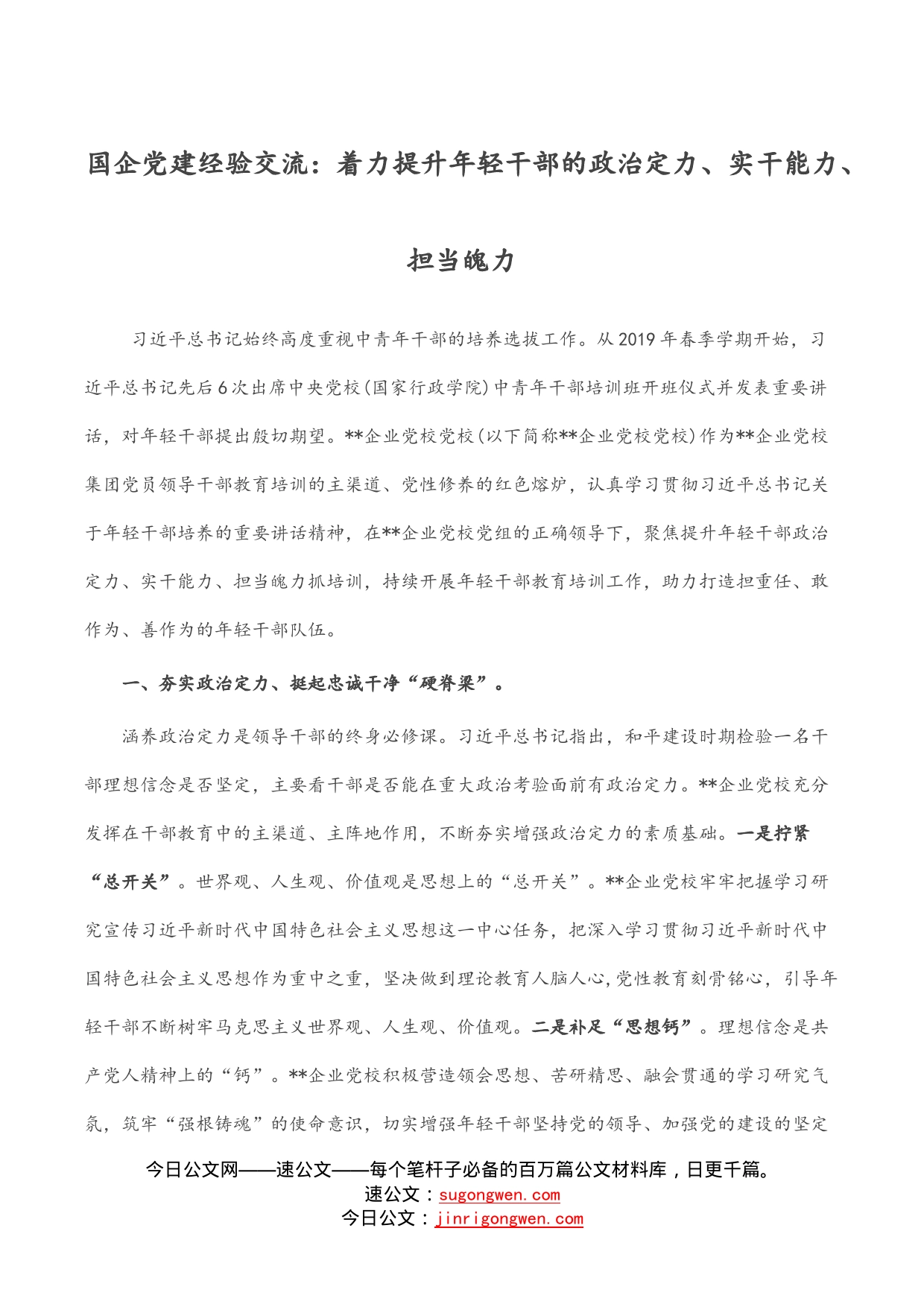 国企党建经验交流：着力提升年轻干部的政治定力、实干能力、担当魄力_第1页