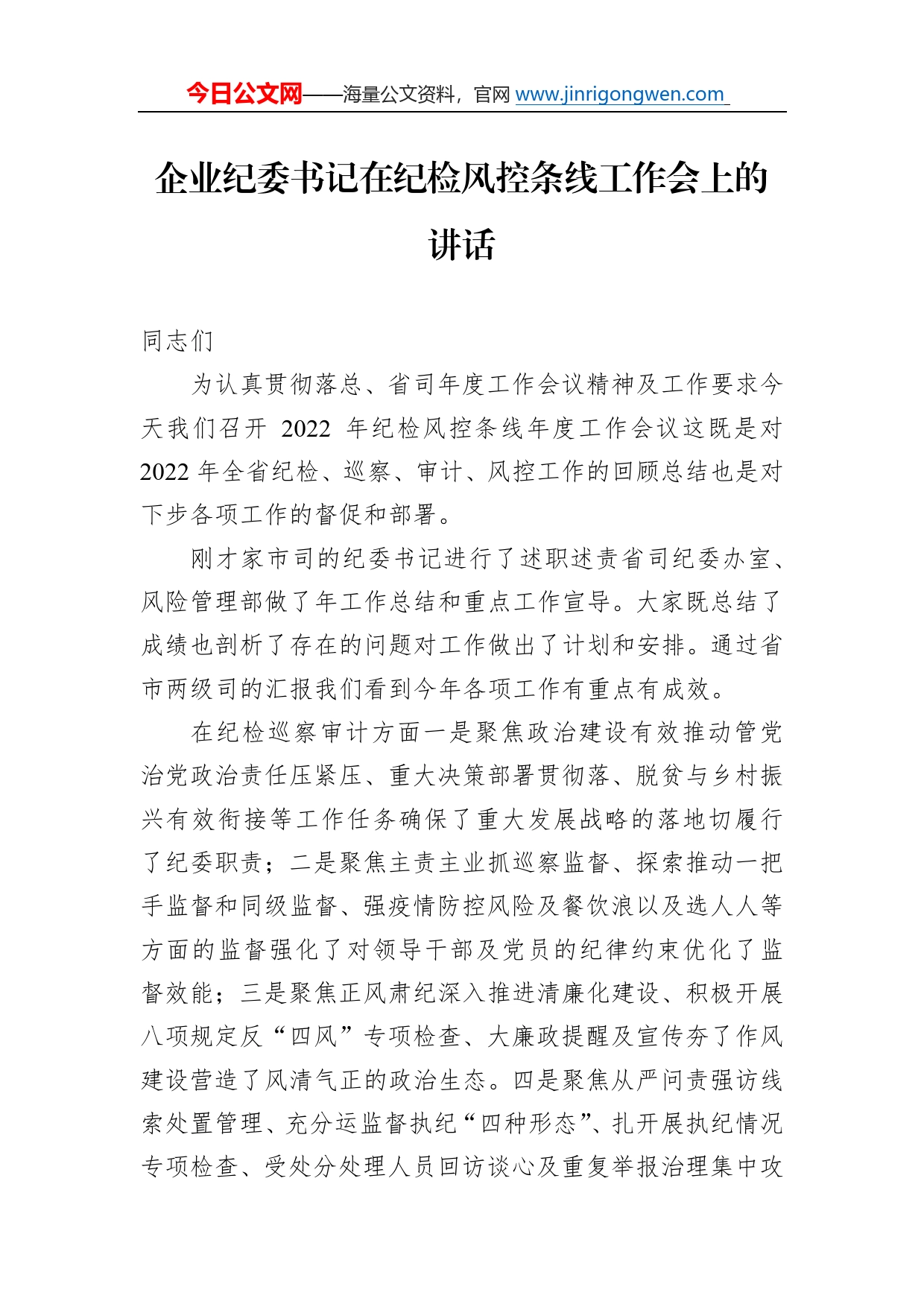 企业纪委书记在纪检风控条线工作会上的讲话8171_第1页