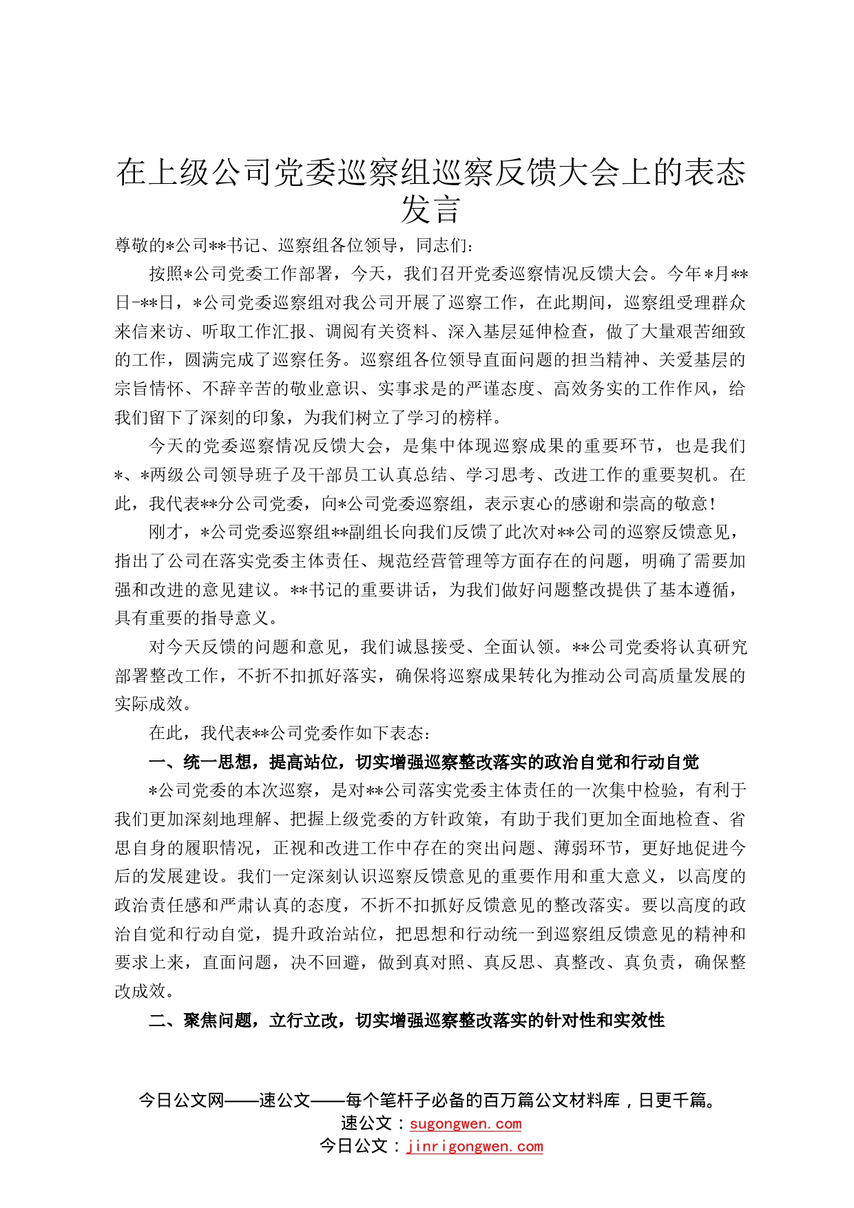 在上级公司党委巡察组巡察反馈大会上的表态发言(2)_第1页