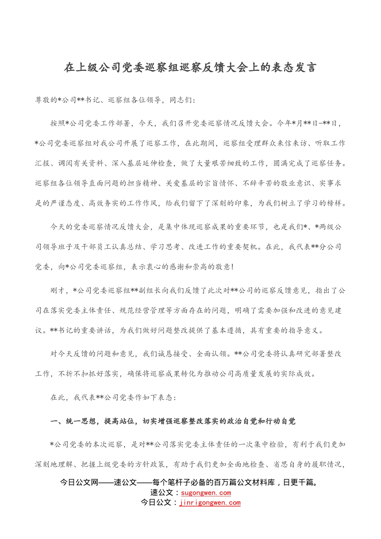 在上级公司党委巡察组巡察反馈大会上的表态发言_第1页