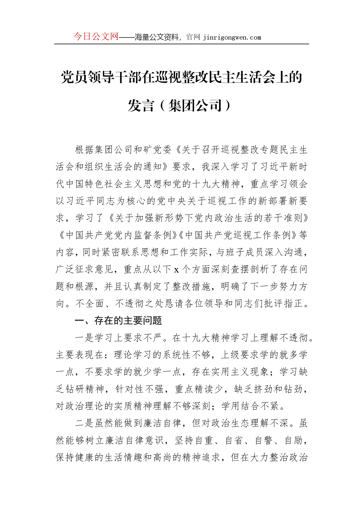 党员领导干部在巡视整改民主生活会上的发言（集团公司）_第1页