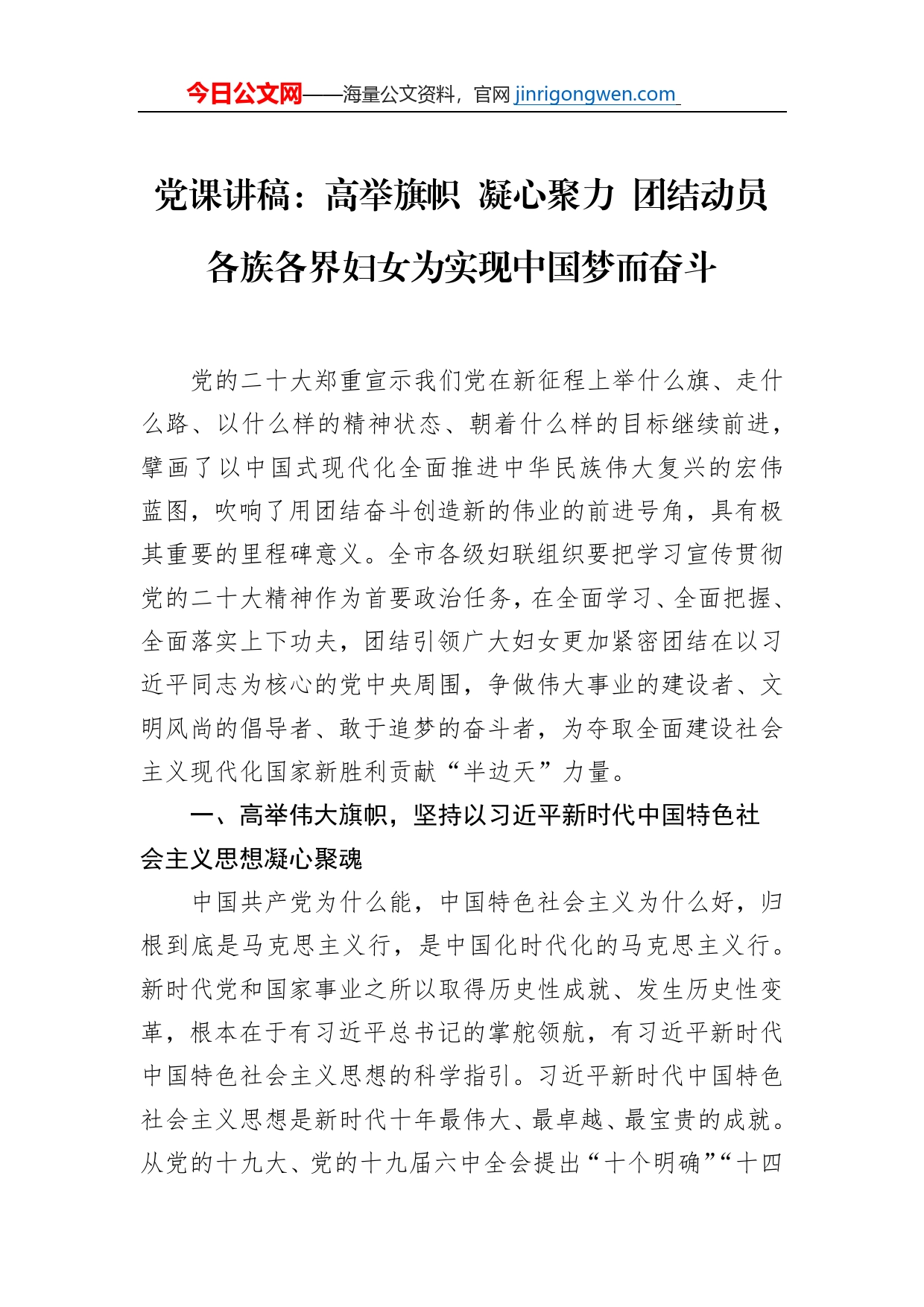 党课讲稿：高举旗帜凝心聚力团结动员各族各界妇女为实现中国梦而奋斗_第1页