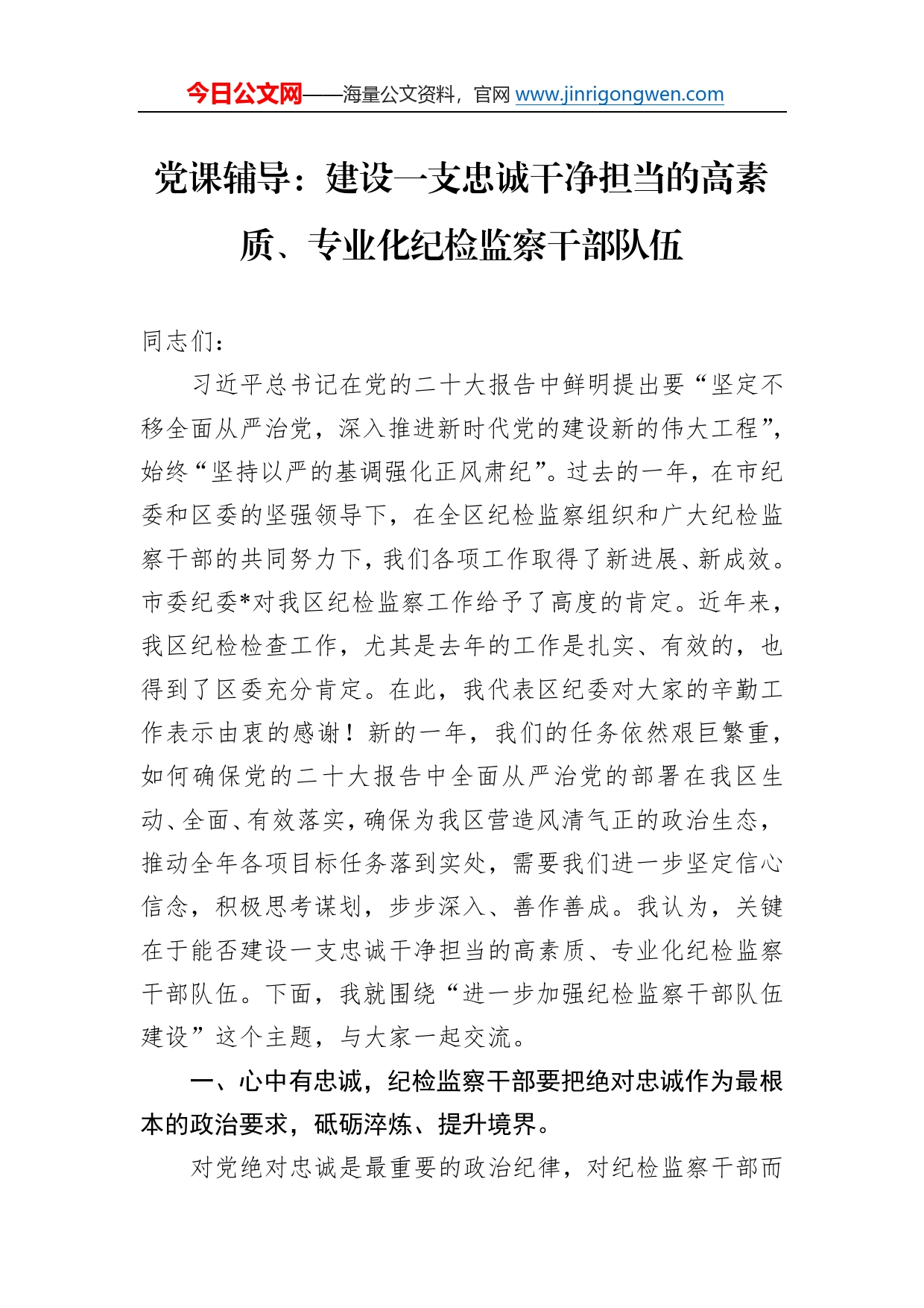 党课辅导：建设一支忠诚干净担当的高素质、专业化纪检监察干部队伍325_第1页