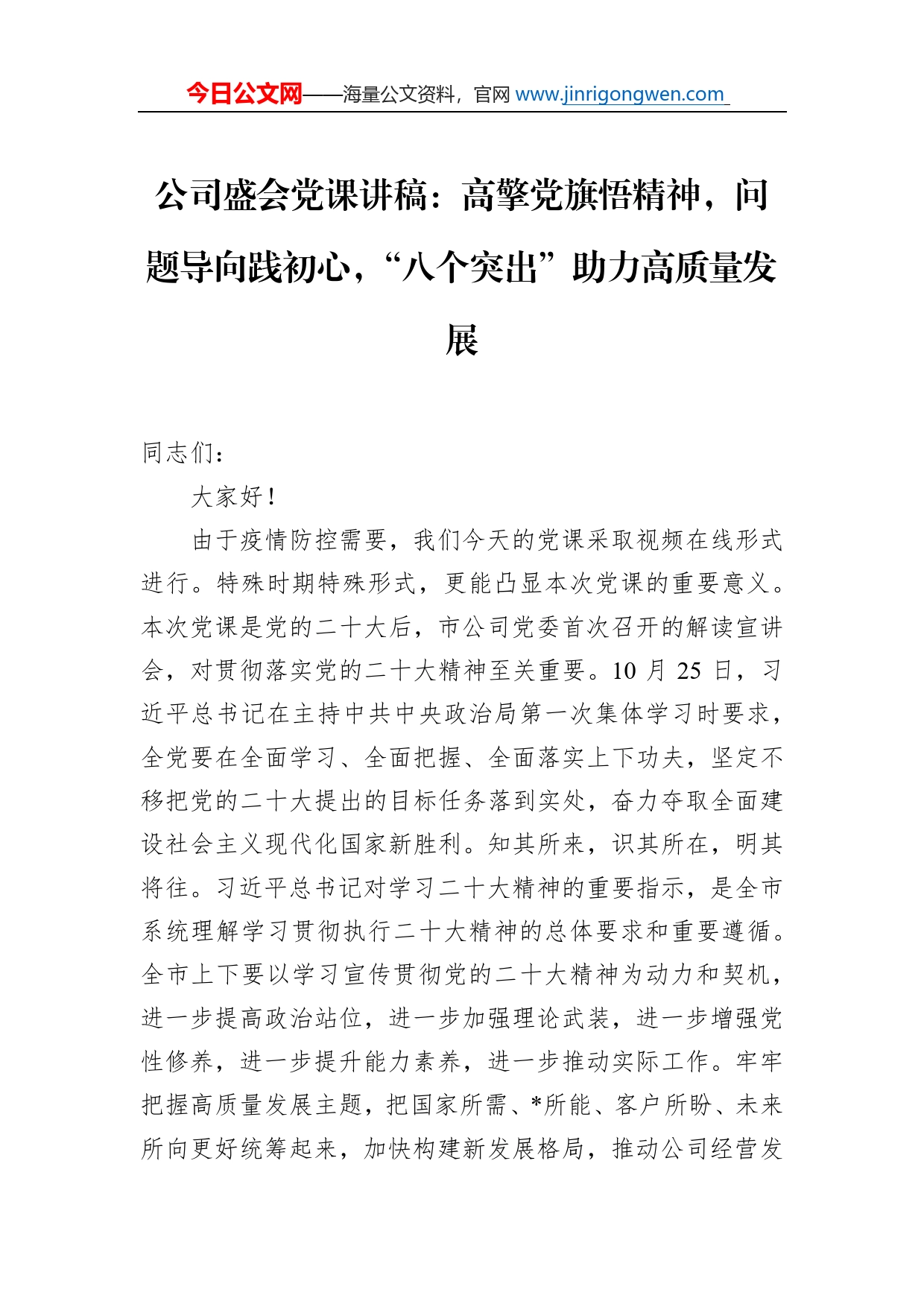 公司盛会党课讲稿：高擎党旗悟精神，问题导向践初心，“八个突出”助力高质量发展_第1页