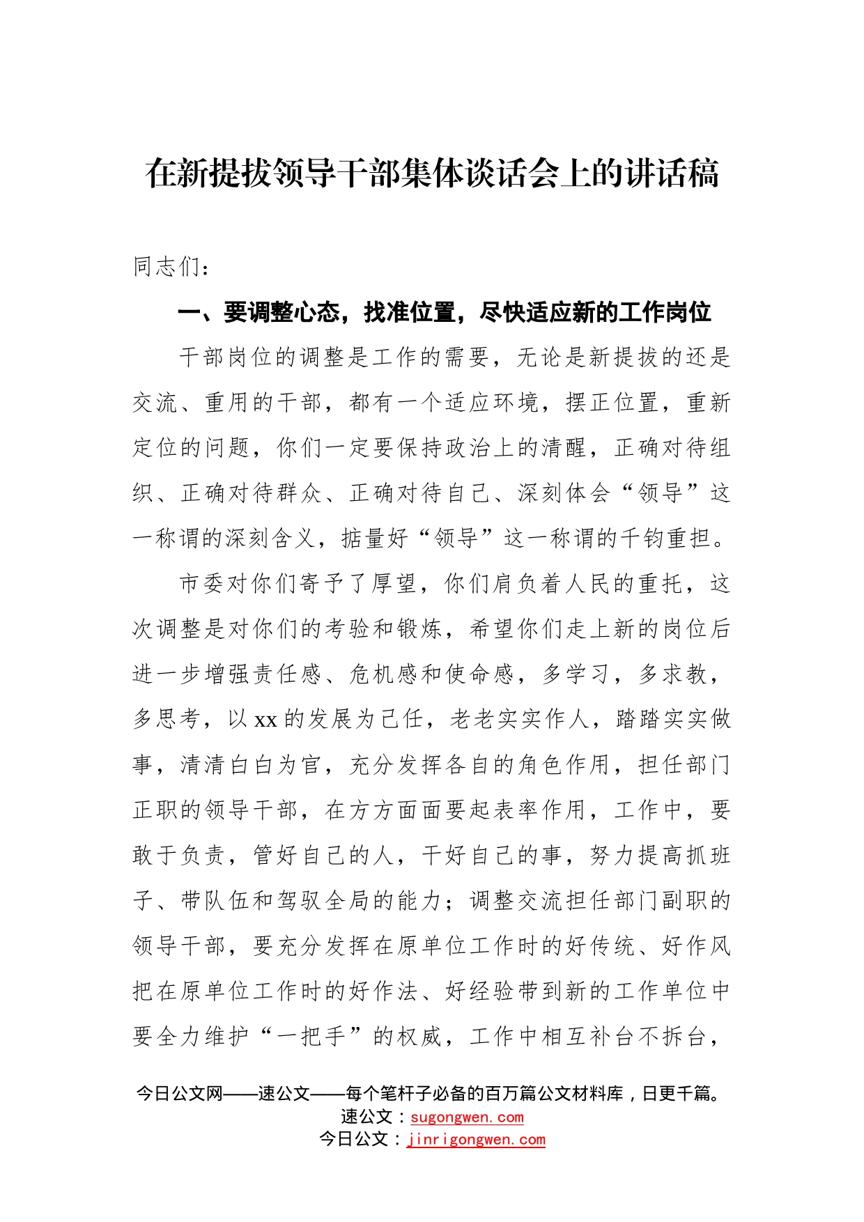 在新提拔领导干部集体谈话会上的讲话稿_第1页