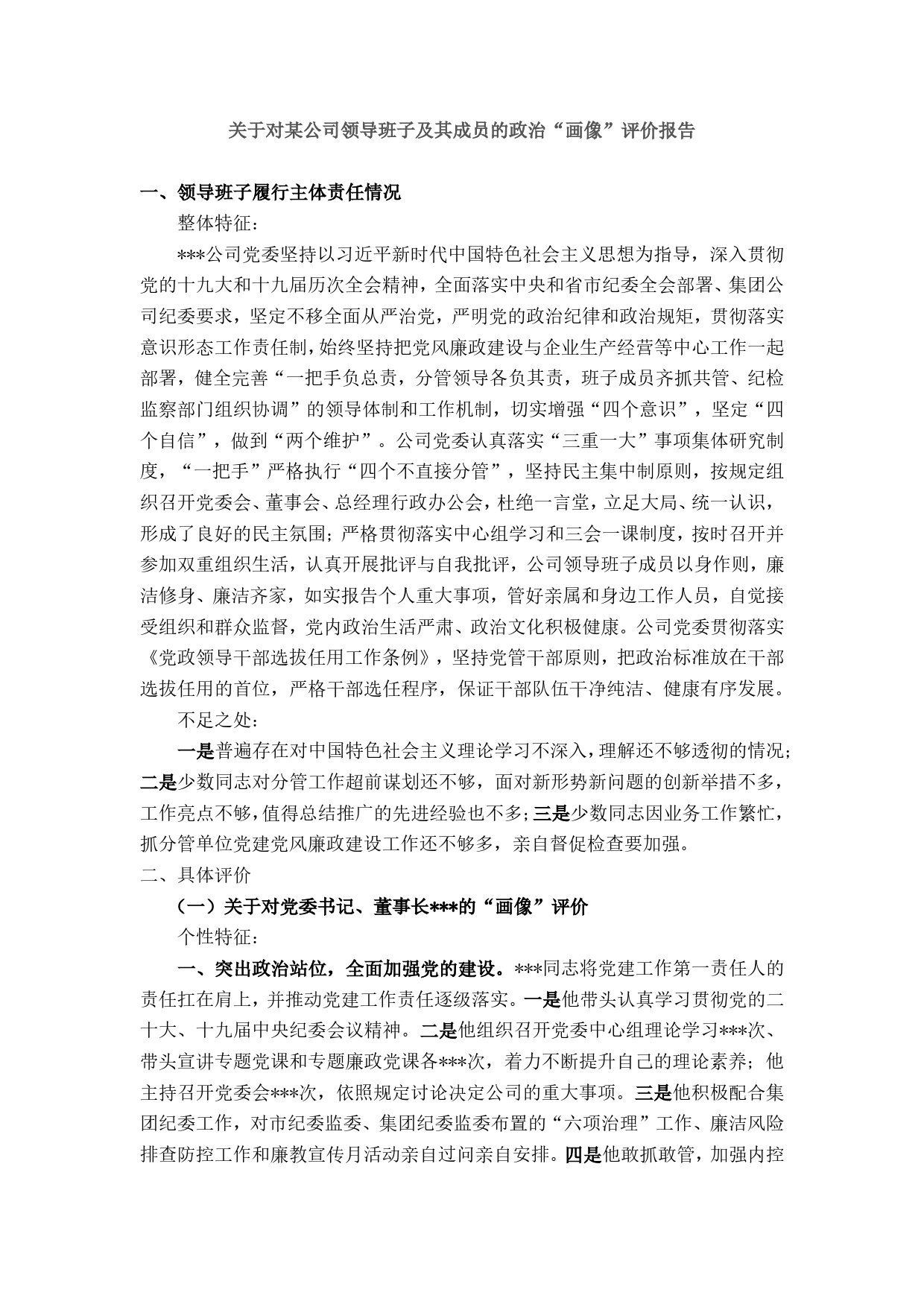 关于对某公司领导班子及其成员的“画像”评价报告_第1页