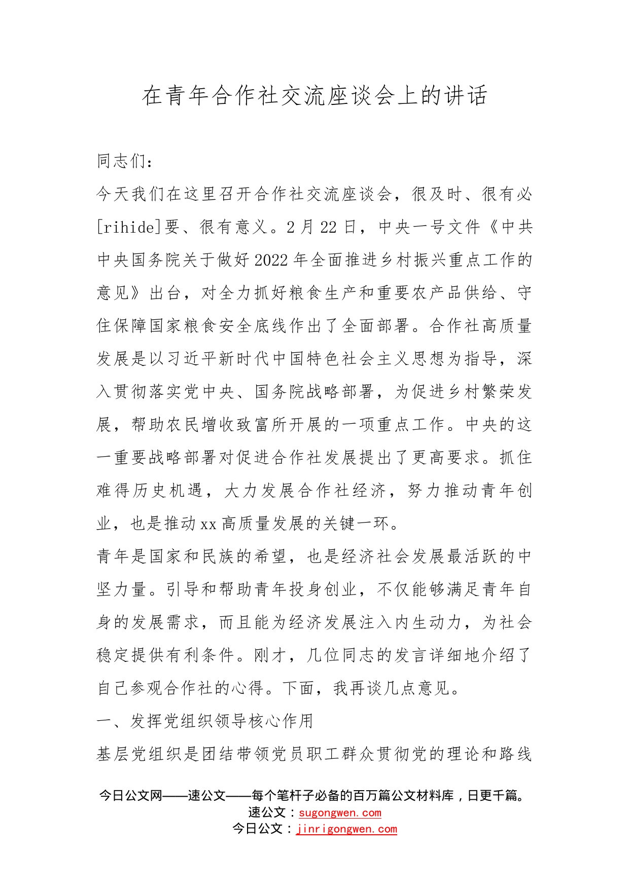 在青年合作社交流座谈会上的讲话_第1页