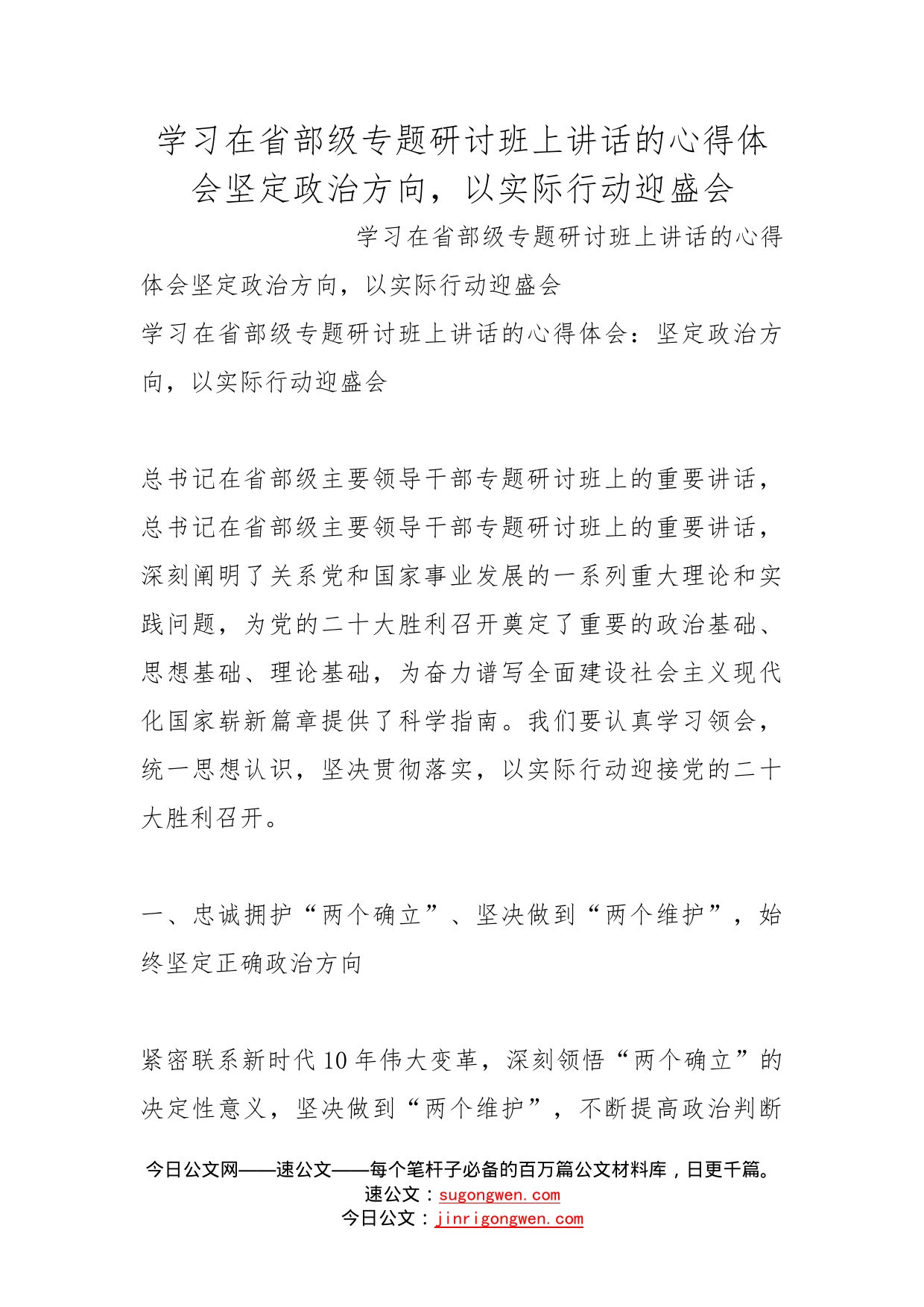学习在省部级专题研讨班上讲话的心得体会坚定政治方向，以实际行动迎盛会_第1页