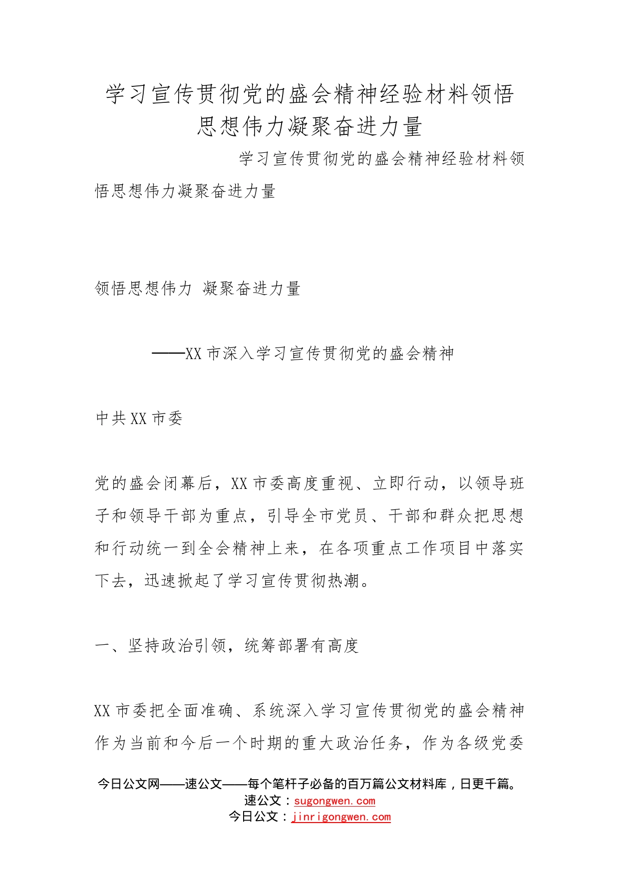 学习宣传贯彻党的盛会精神经验材料领悟思想伟力凝聚奋进力量_第1页