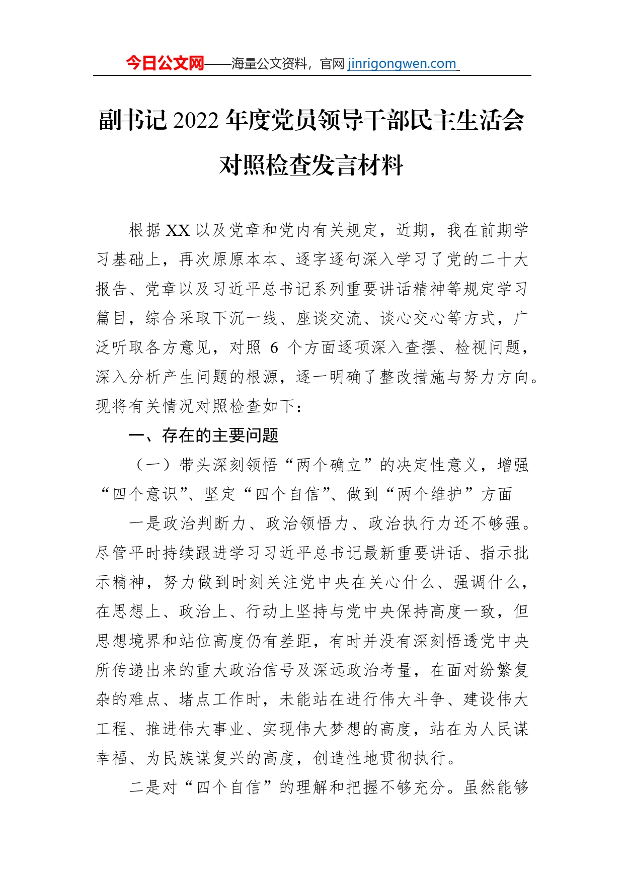 副书记2022年度党员领导干部民主生活会对照检查发言材料【PDF版】_第1页