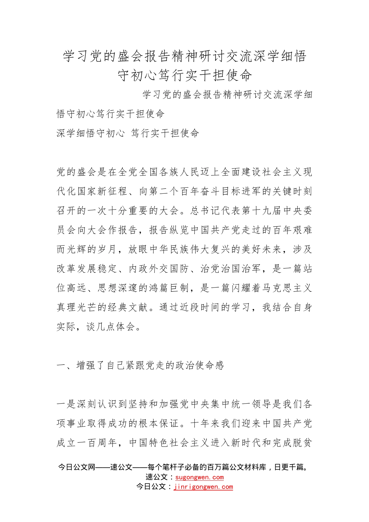 学习党的盛会报告精神研讨交流深学细悟守初心笃行实干担使命_第1页