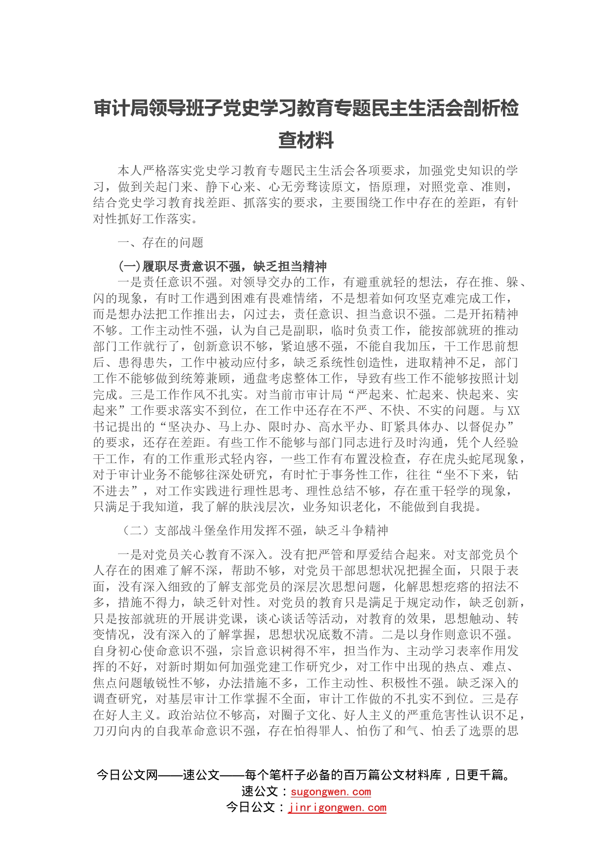 审计局领导班子党史学习教育专题民主生活会剖析检查材料_第1页