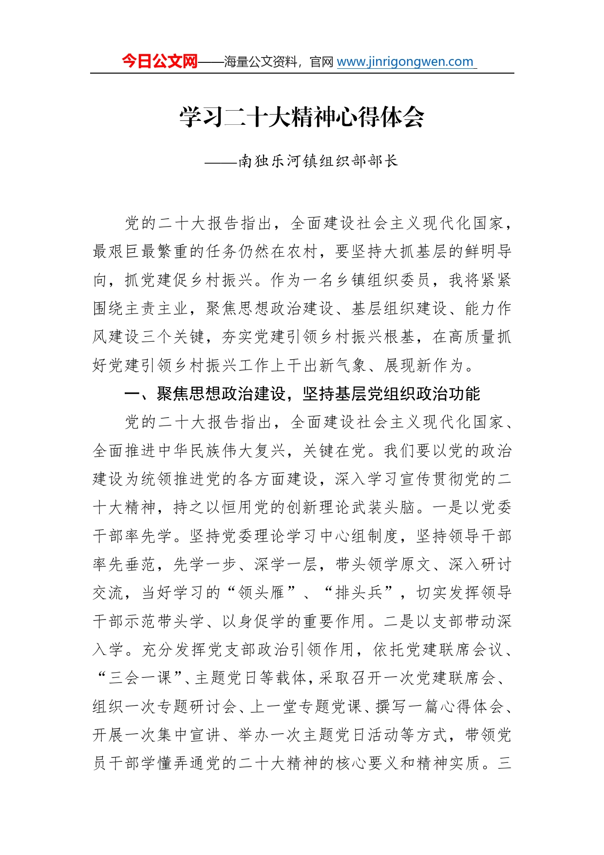 南独乐河镇组织部部长学习二十大精神心得体会（20221218）482_第1页