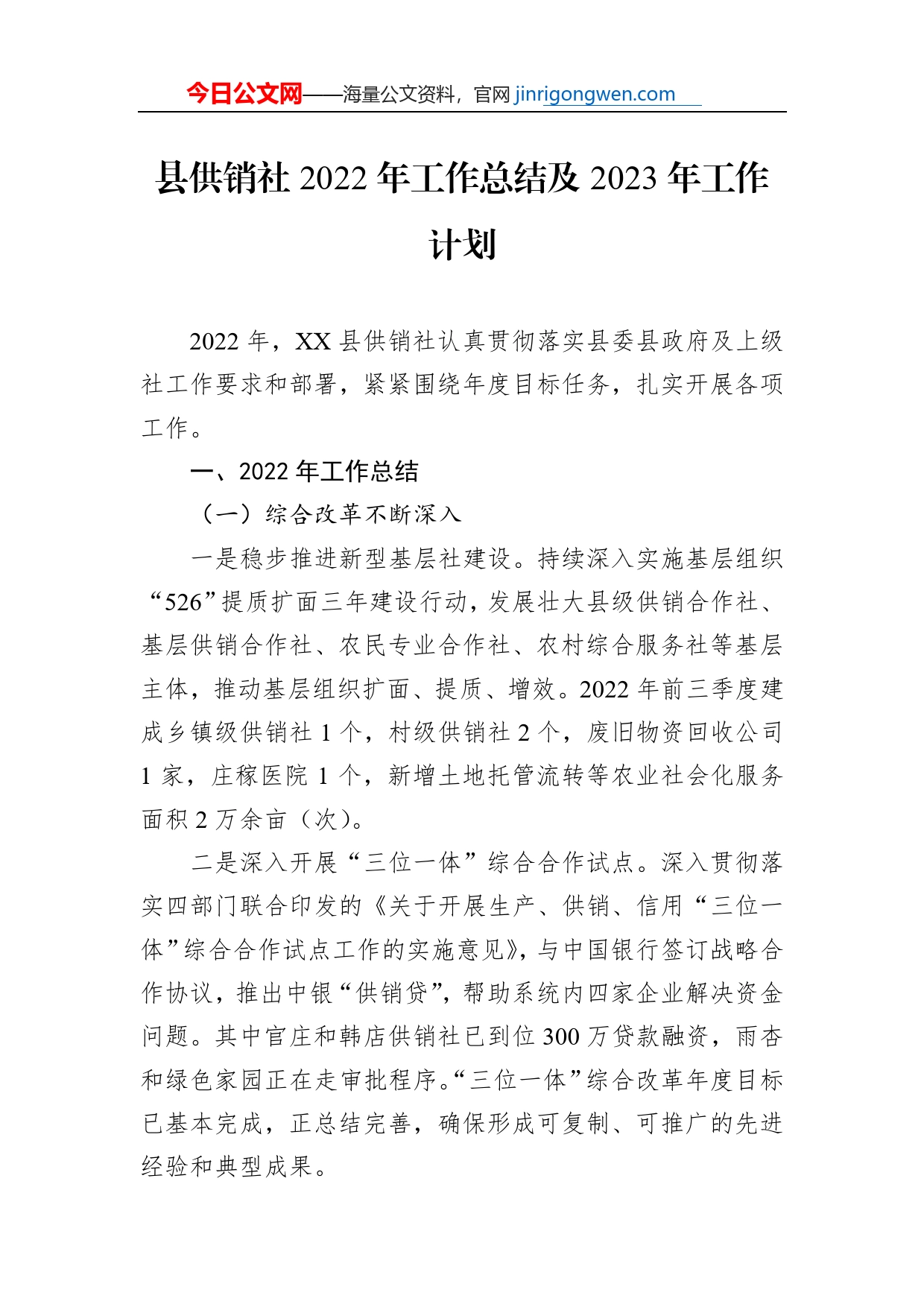 县供销社2022年工作总结及2023年工作计划_第1页