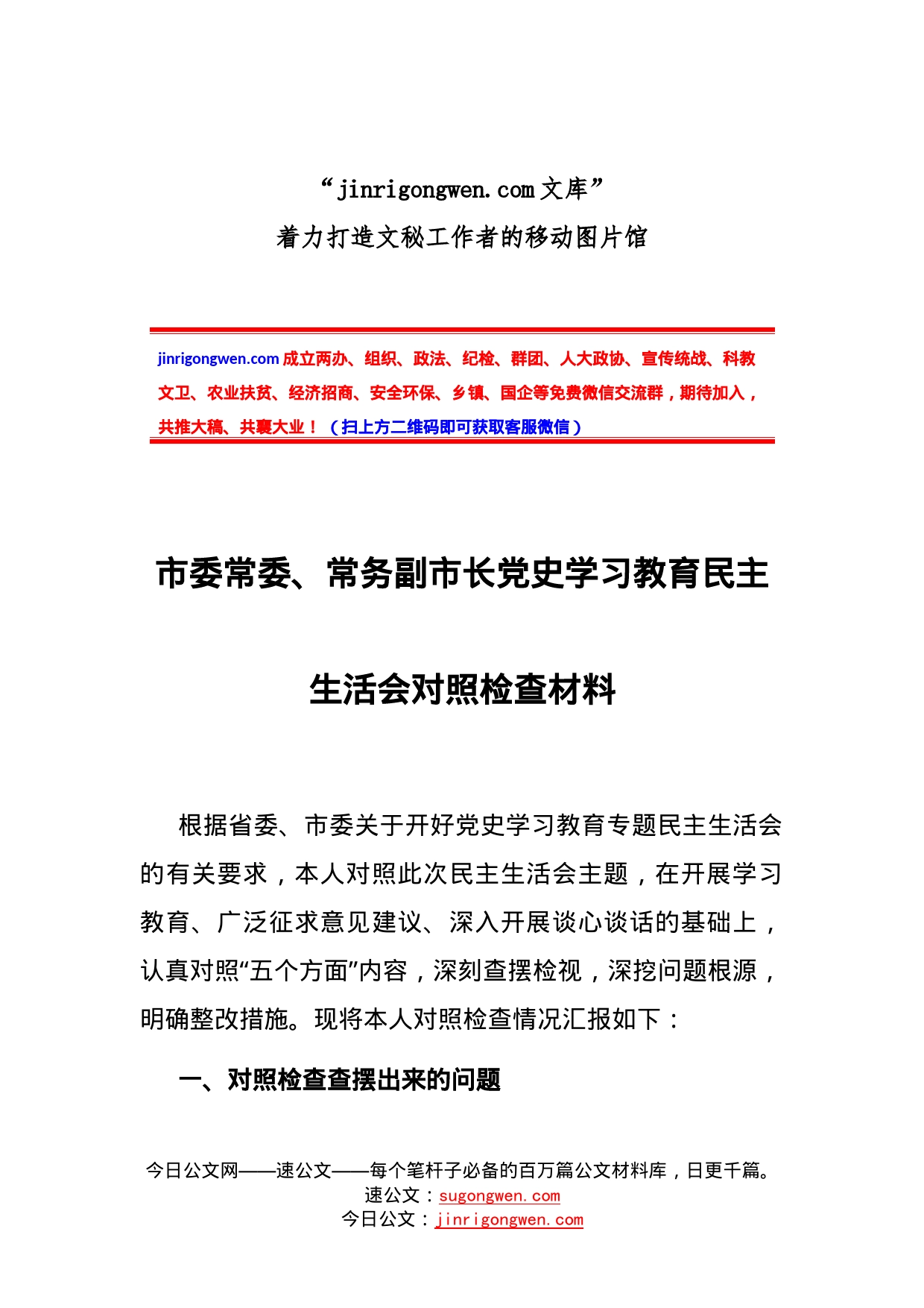 市委常委、常务副市长党史学习教育民主生活会对照检查材料_第1页