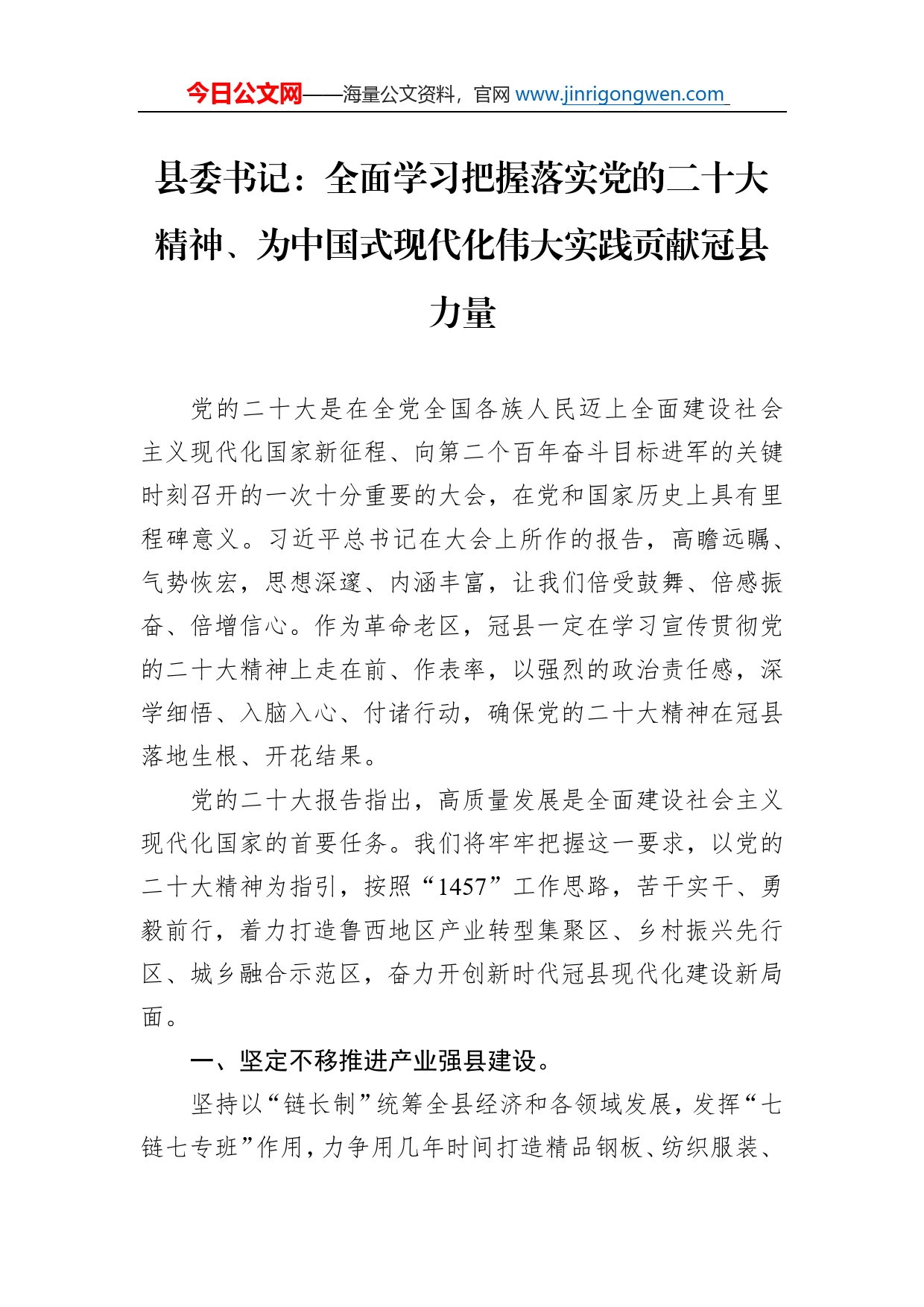 县委书记：全面学习把握落实党的二十大精神、为中国式现代化伟大实践贡献冠县力量（20221116）_第1页