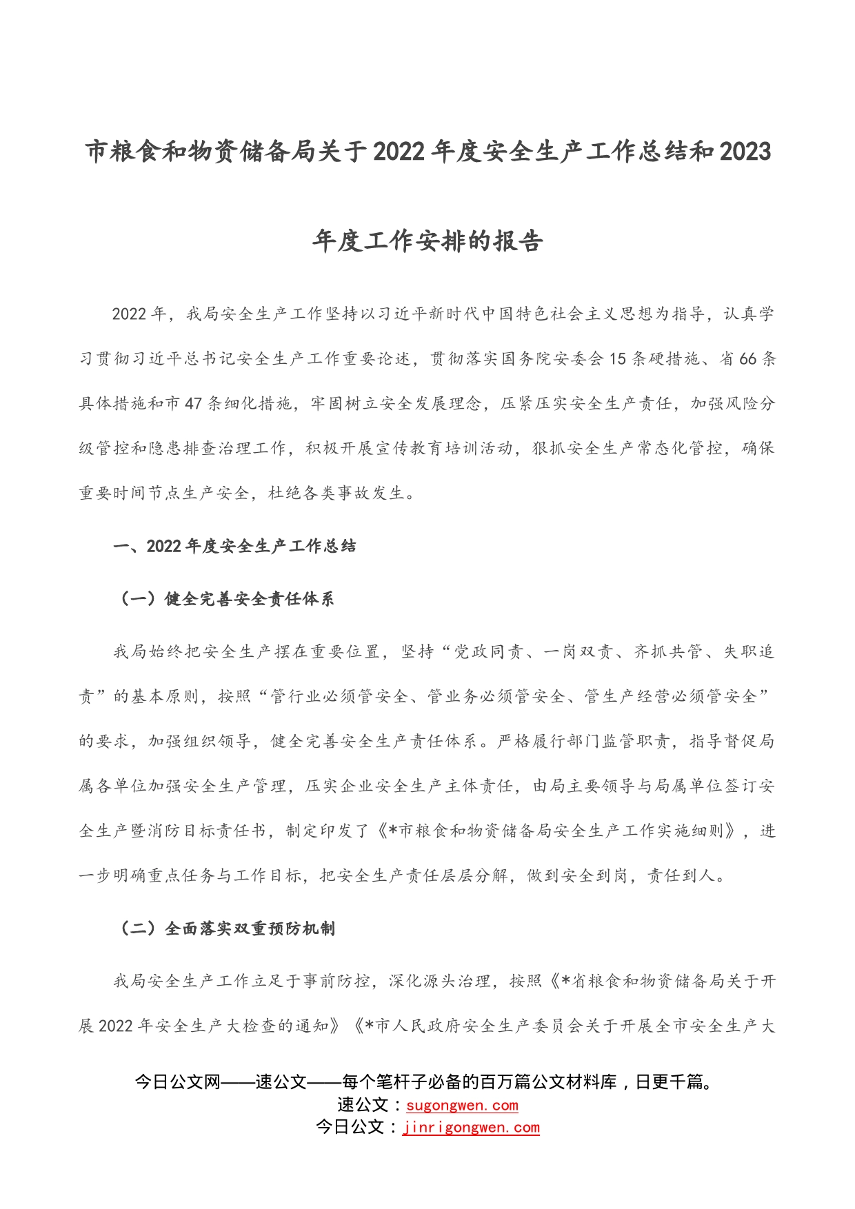 市粮食和物资储备局关于2022年度安全生产工作总结和2023年度工作安排的报告_第1页