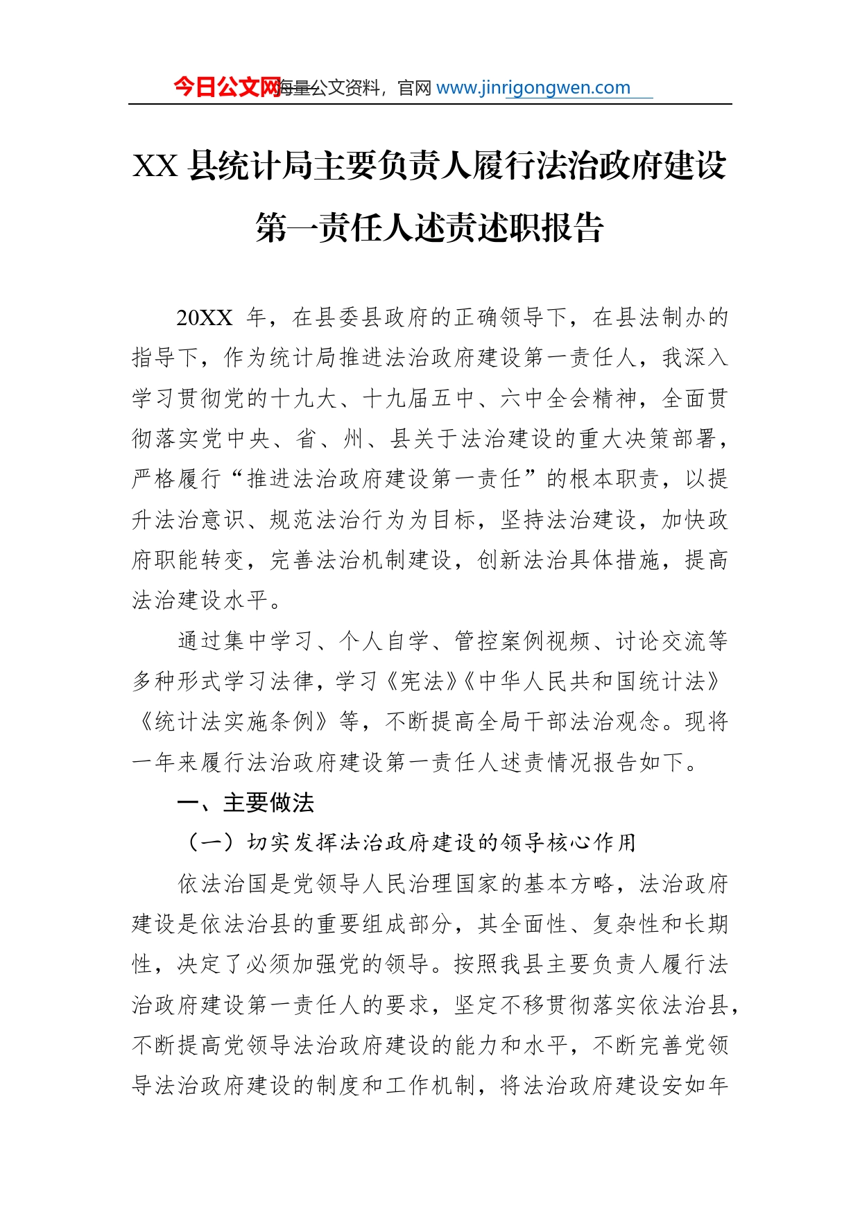 县统计局主要负责人履行法治政府建设第一责任人述责述职报告（20221111）_第1页