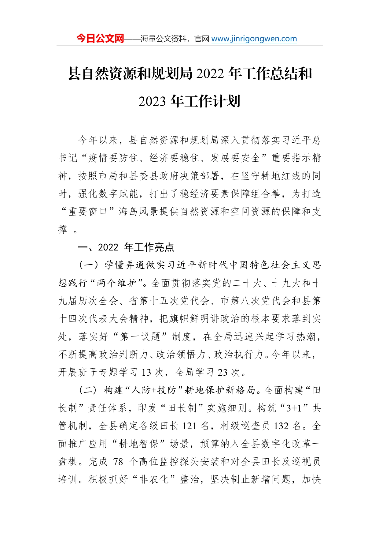 县自然资源和规划局2022年工作总结和2023年工作计划179_第1页