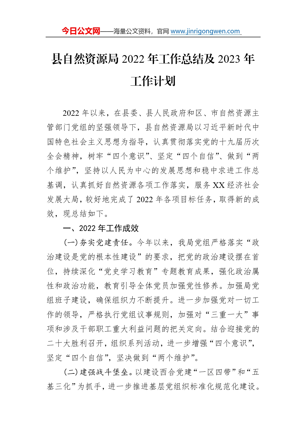 县自然资源局2022年工作总结及2023年工作计划_第1页