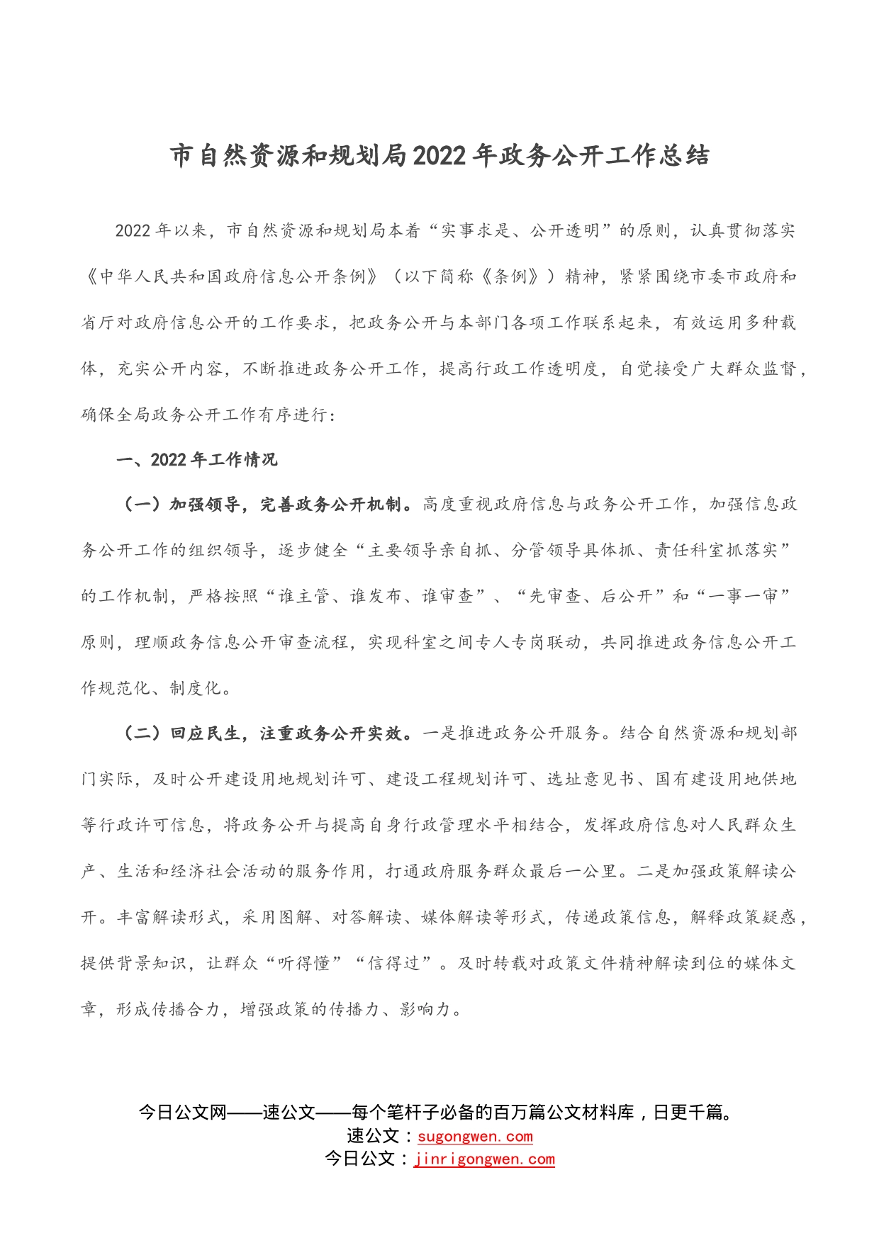 市自然资源和规划局2022年政务公开工作总结_第1页