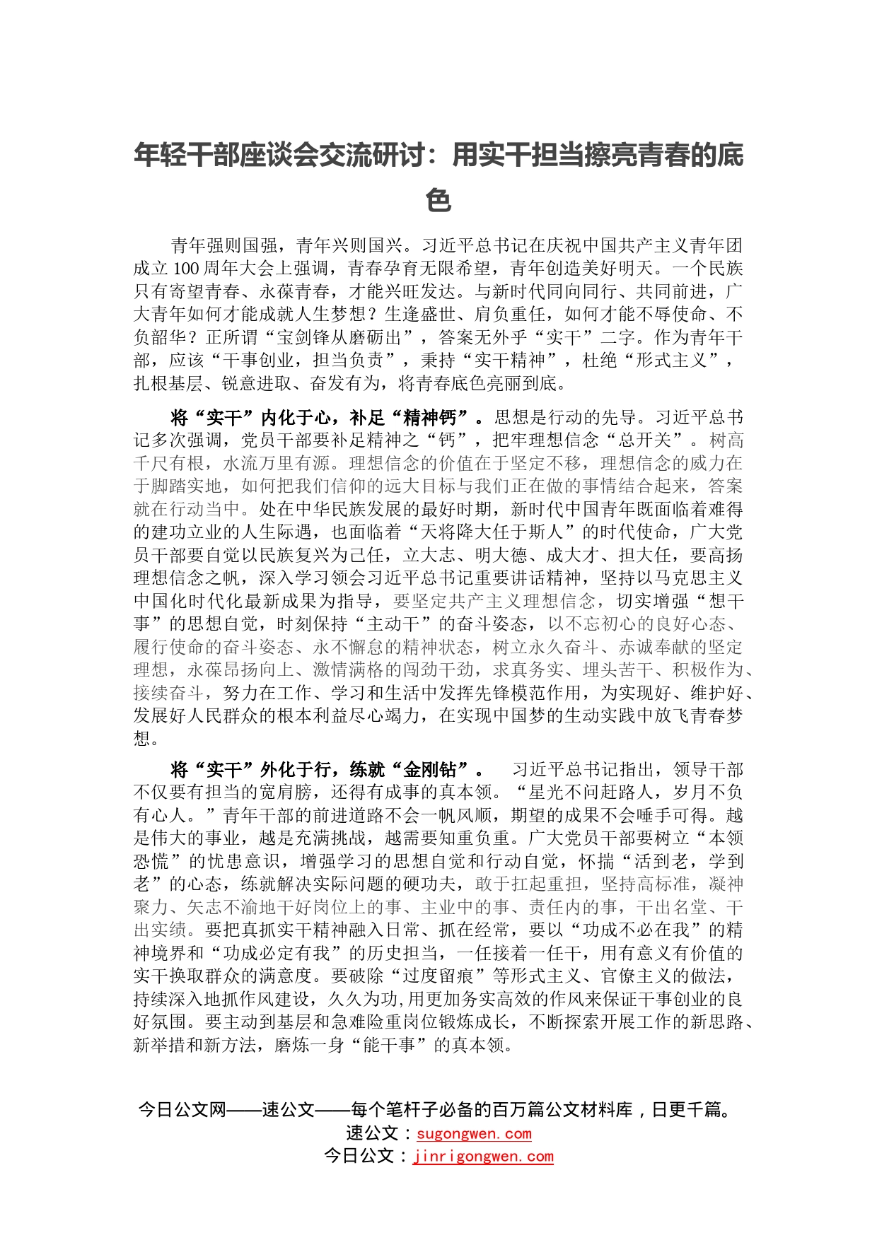 年轻干部座谈会交流研讨：用实干担当擦亮青春的底色_第1页