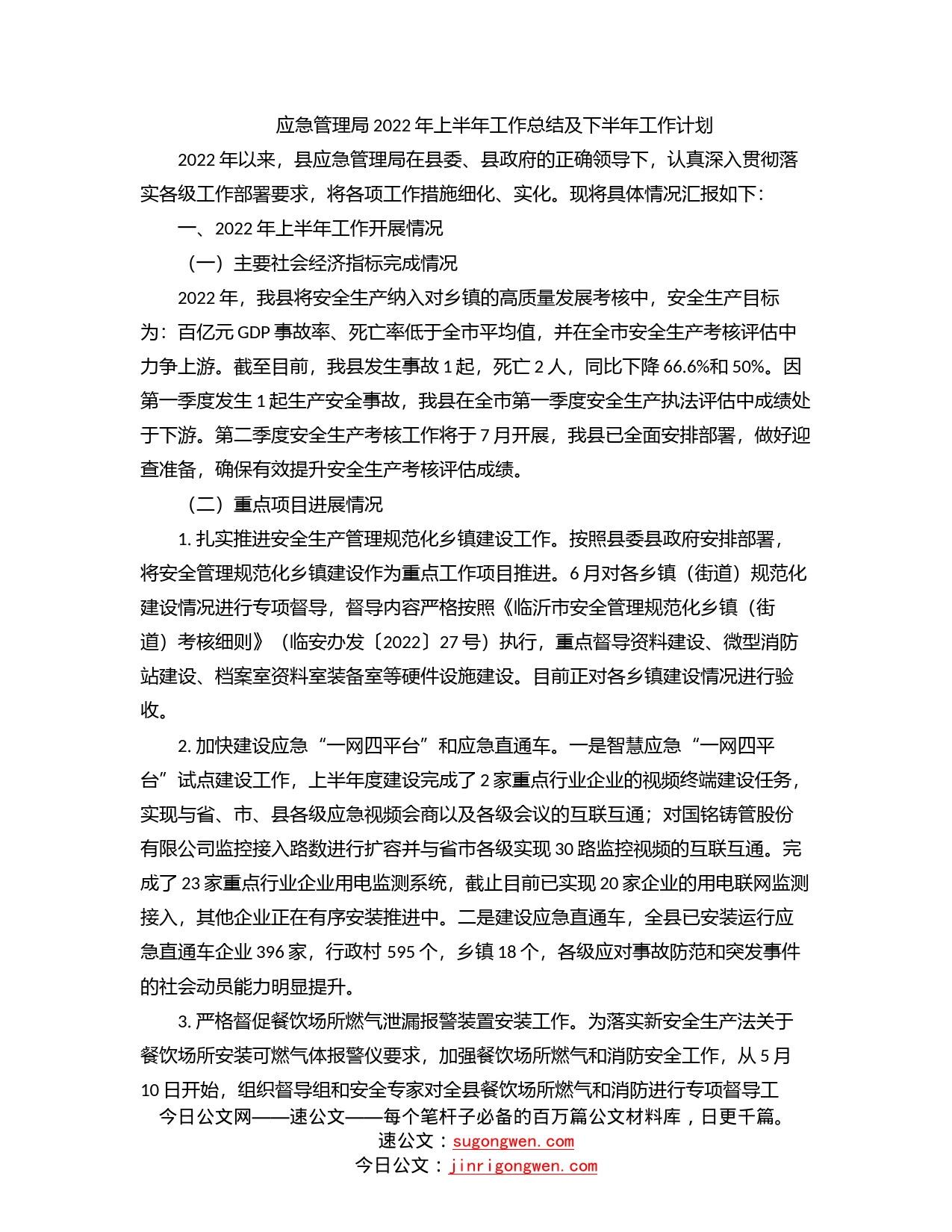 应急管理局2022年上半年工作总结及下半年工作计划_第1页