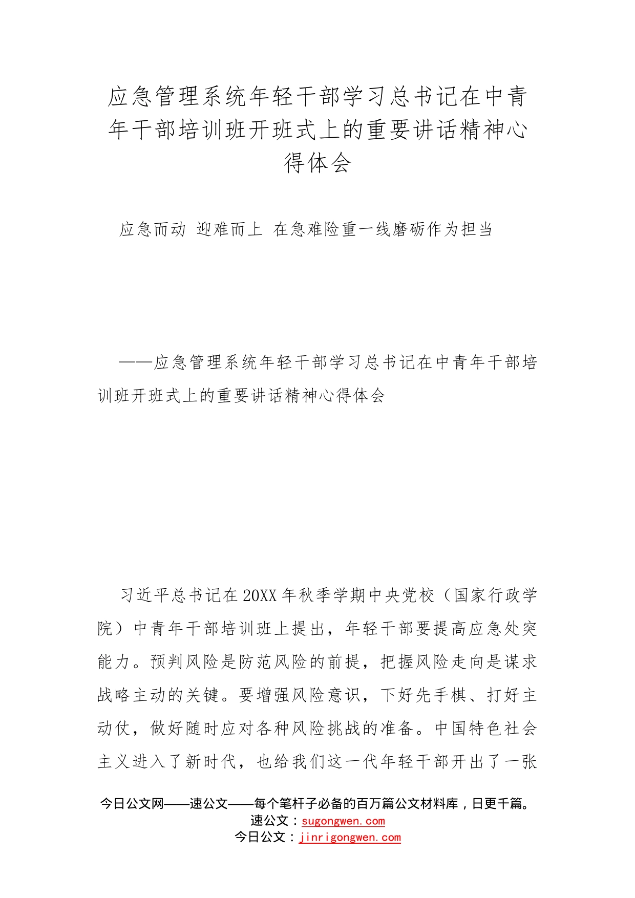 应急管理系统年轻干部学习总书记在中青年干部培训班开班式上的重要讲话精神心得体会_第1页