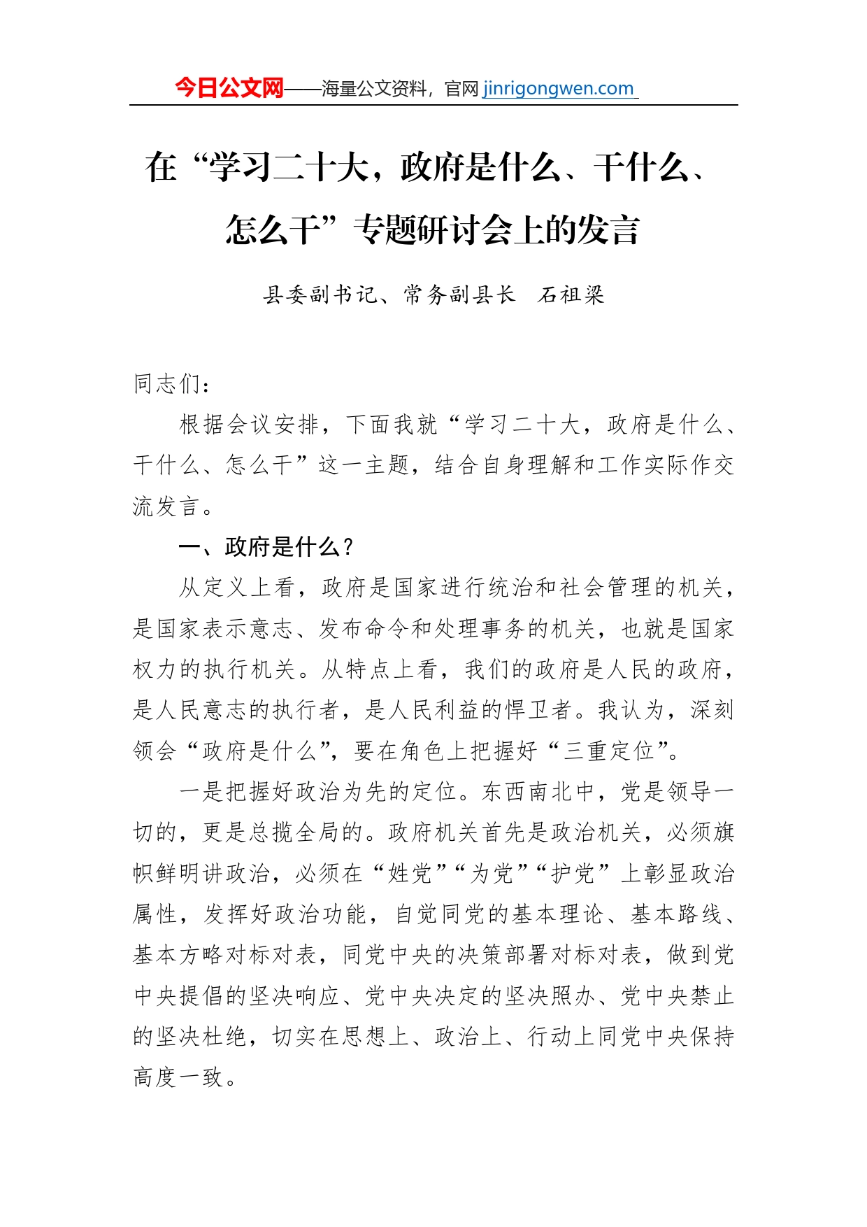 在“学习二十大，政府是什么、干什么、怎么干”专题研讨会上的发言_第1页