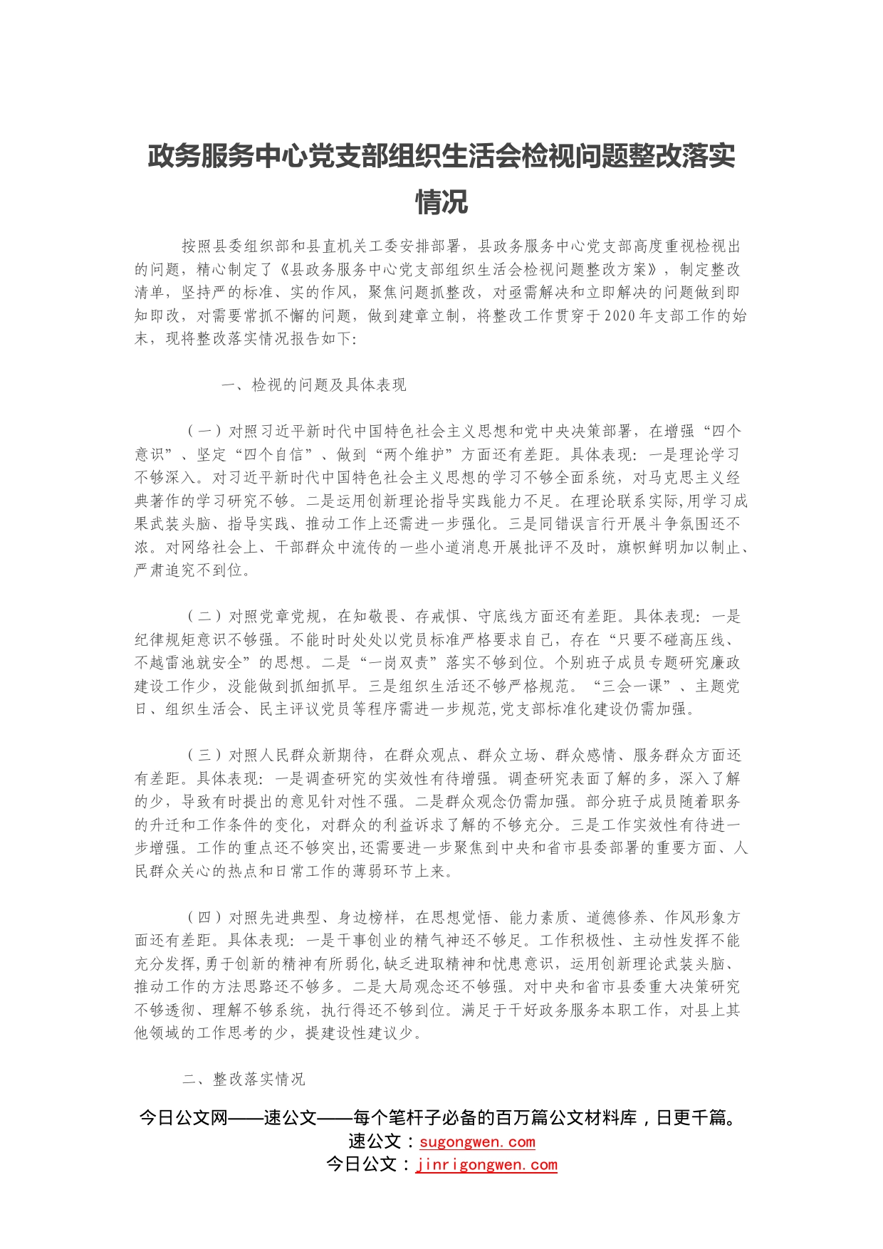 政务服务中心党支部组织生活会检视问题整改落实情况_第1页