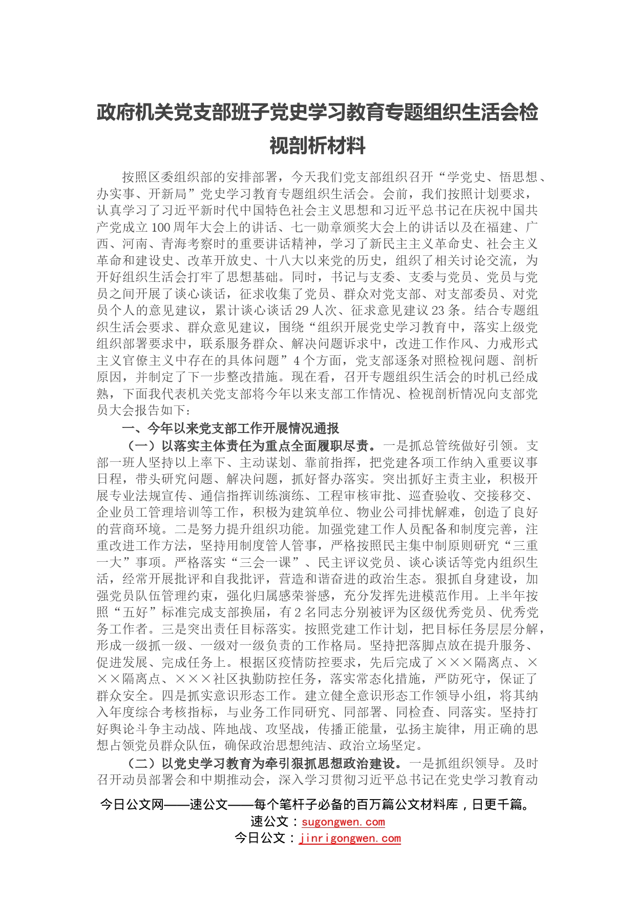 政府机关党支部班子党史学习教育专题组织生活会检视剖析材料_第1页