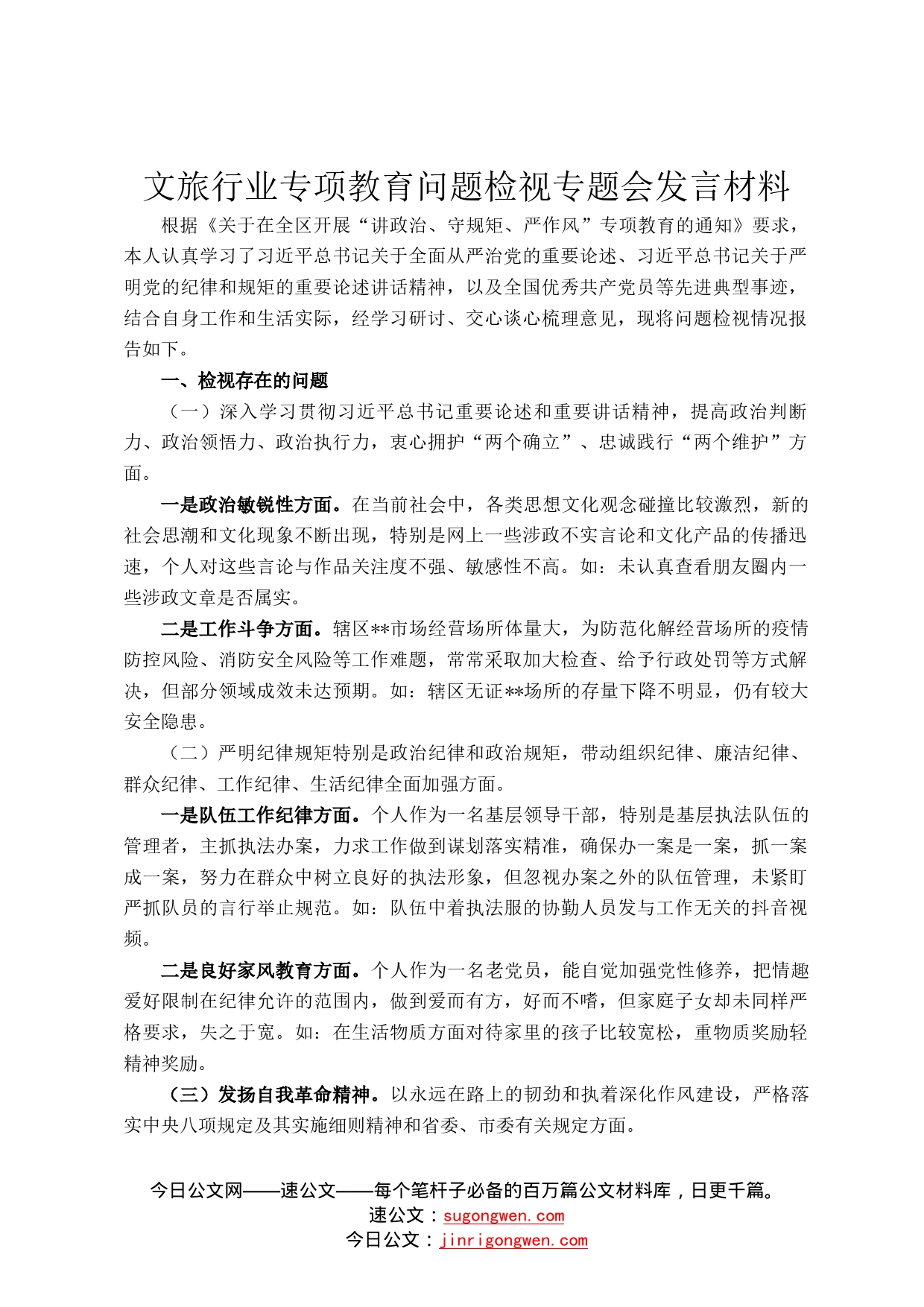 文旅行业专项教育问题检视专题会发言材料23_第1页