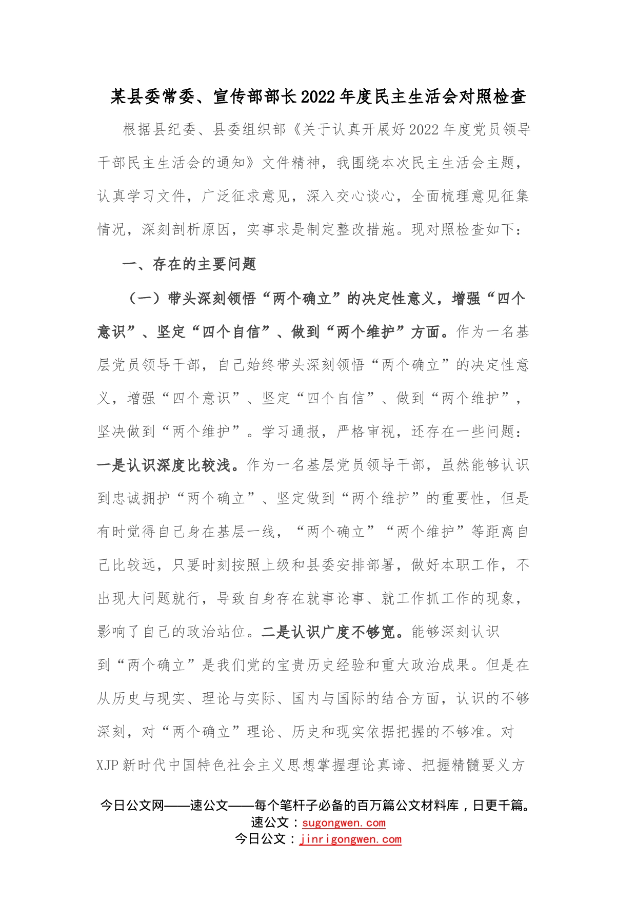 某县委常委、宣传部部长2022年度民主生活会对照检查—今日公文网_第1页