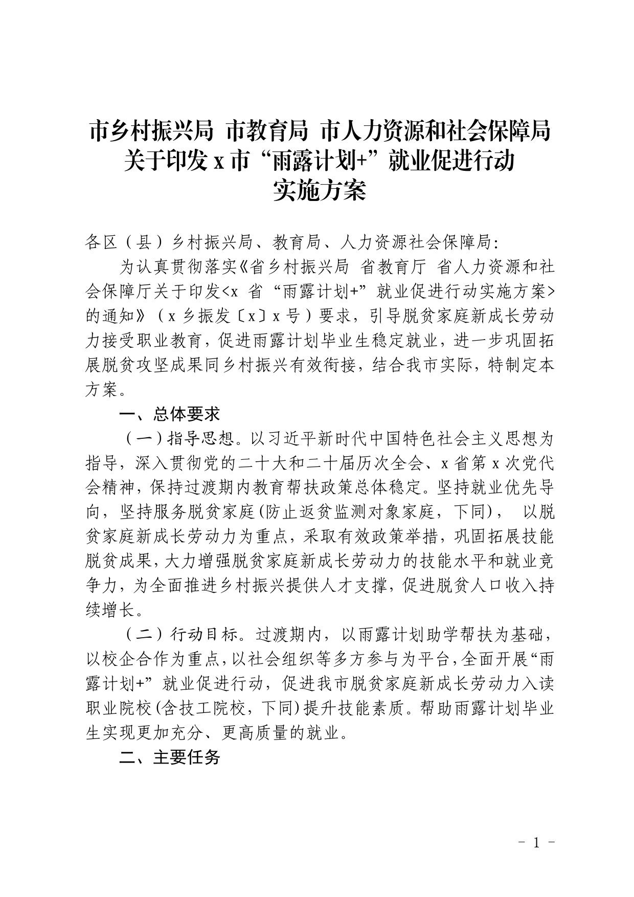 市乡村振兴局市教育局市人力资源和社会保障局关于印发市“雨露计划”就业促进行动实施方案_第1页