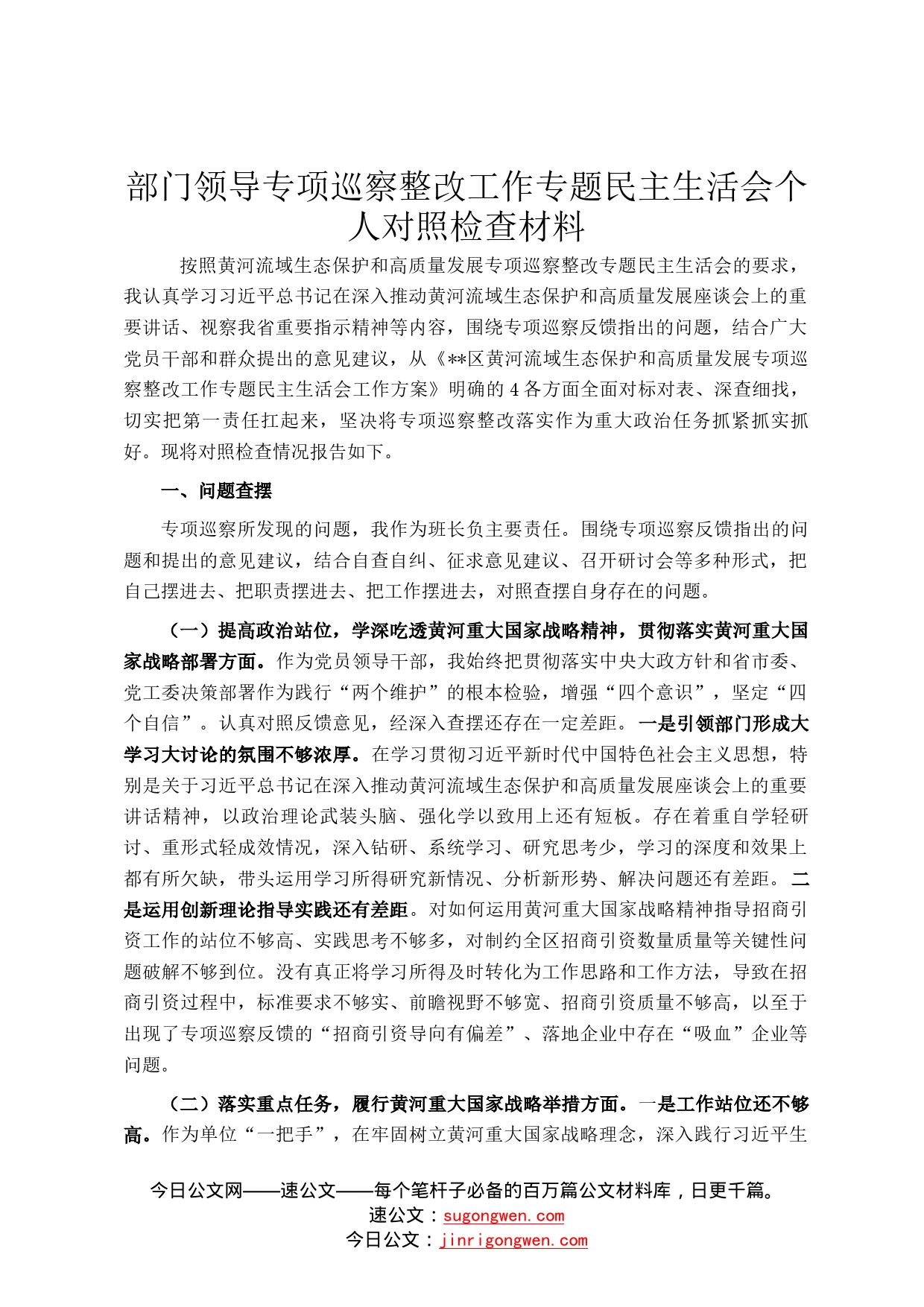 部门领导专项巡察整改工作专题民主生活会个人对照检查材料48_第1页