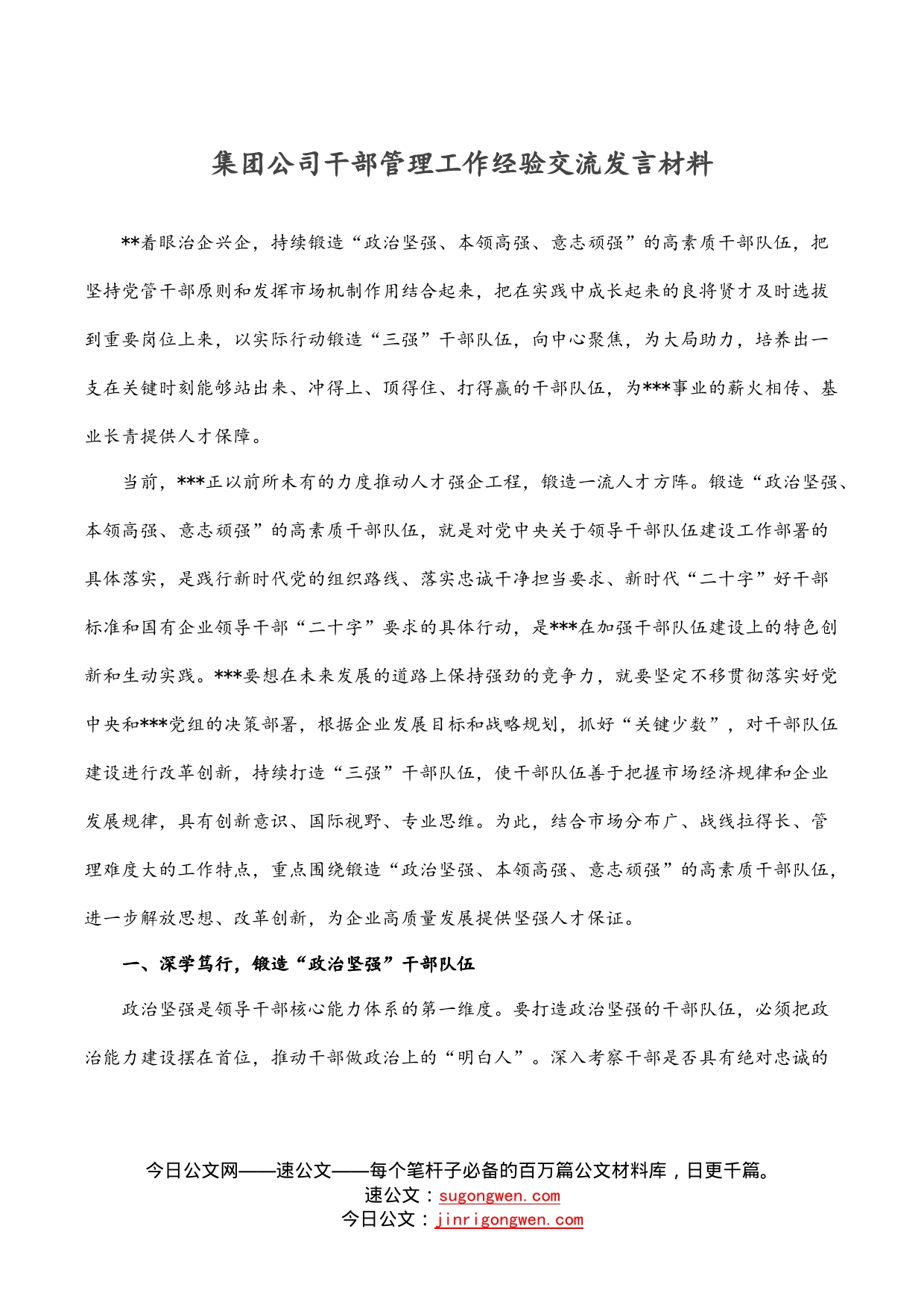 集团公司干部管理工作经验交流发言材料_第1页