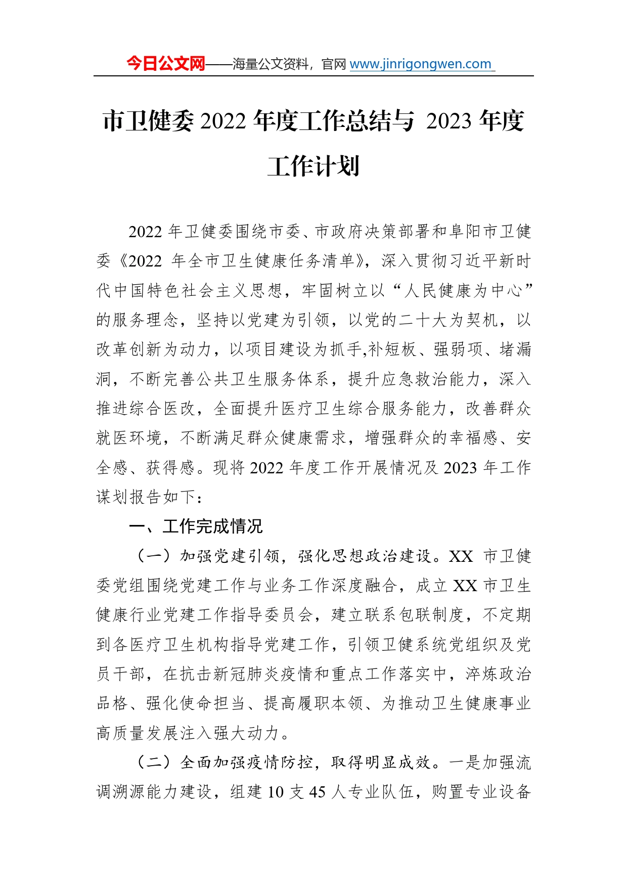 市卫健委2022年度工作总结与2023年度工作计划261_第1页