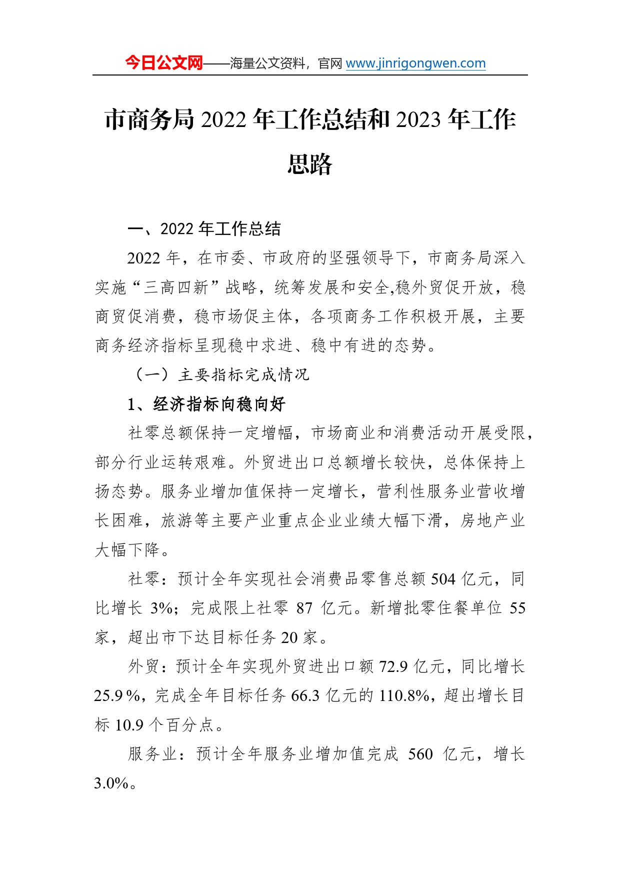 市商务局2022年工作总结和2023年工作思路48_第1页