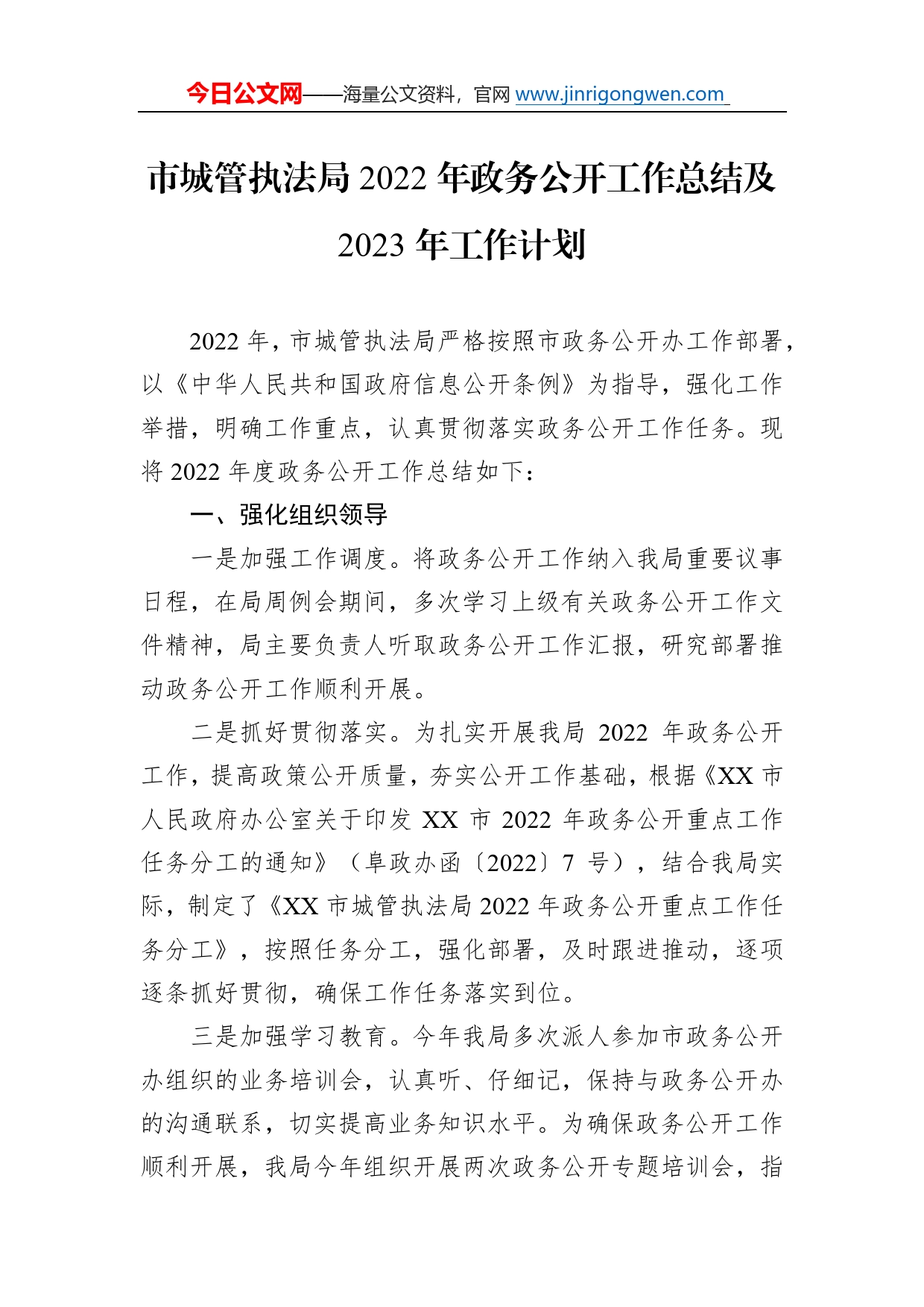 市城管执法局2022年政务公开工作总结及2023年工作计划22_第1页