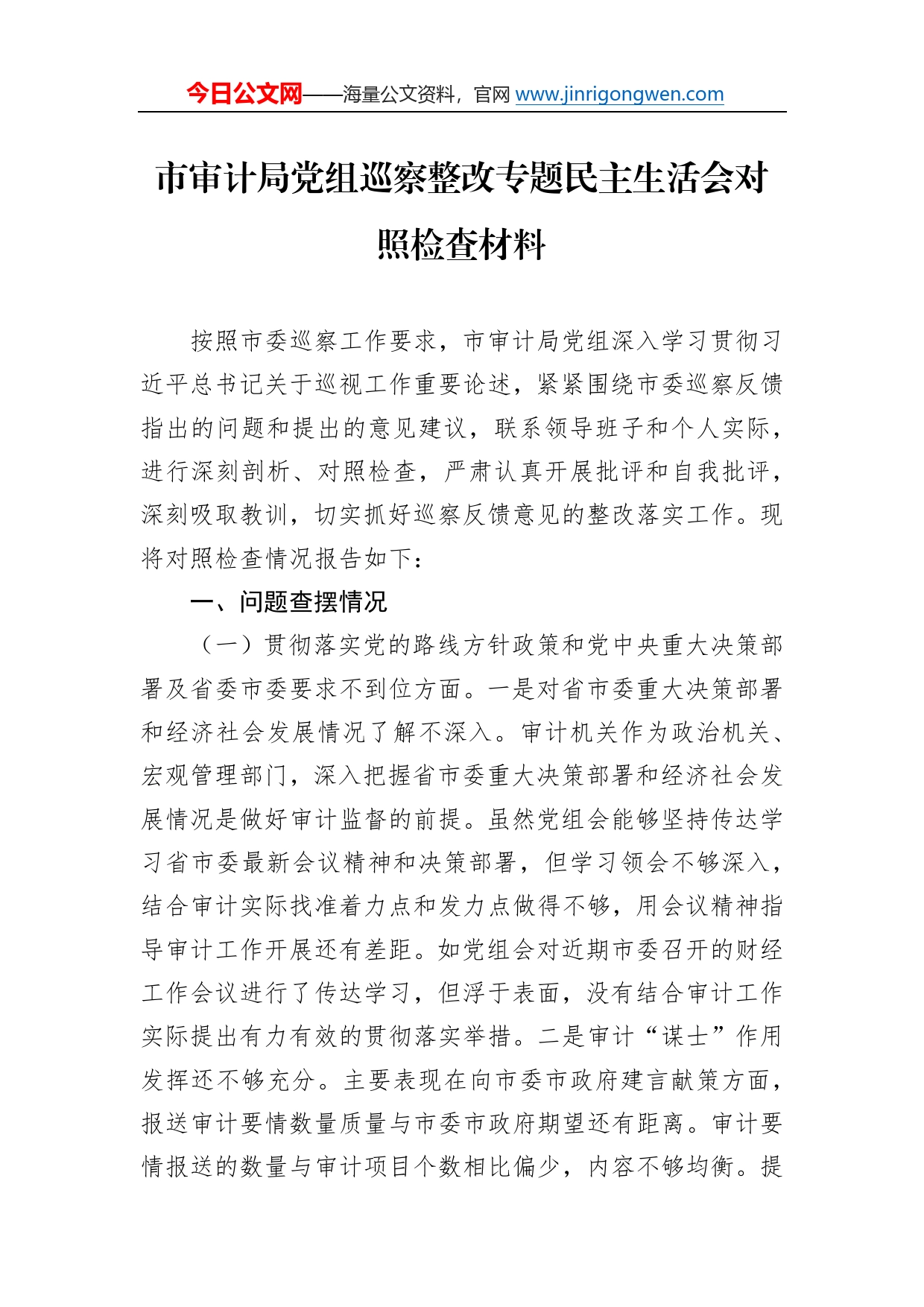 市审计局党组巡察整改专题民主生活会对照检查材料2_第1页