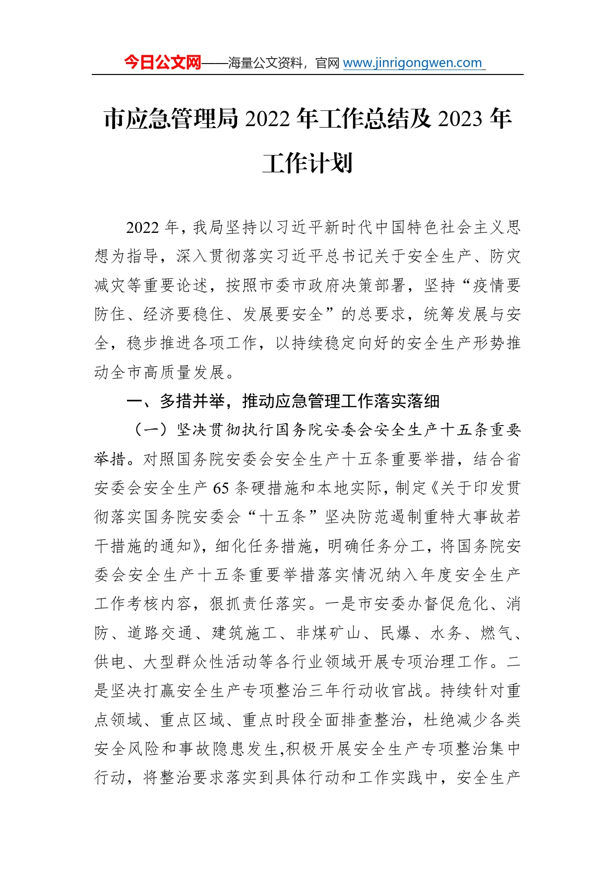 市应急管理局2022年工作总结及2023年工作计划267_第1页