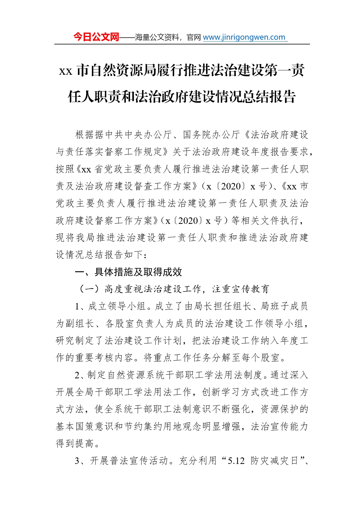 市自然资源局履行推进法治建设第一责任人职责和法治政府建设情况总结报告7801_第1页