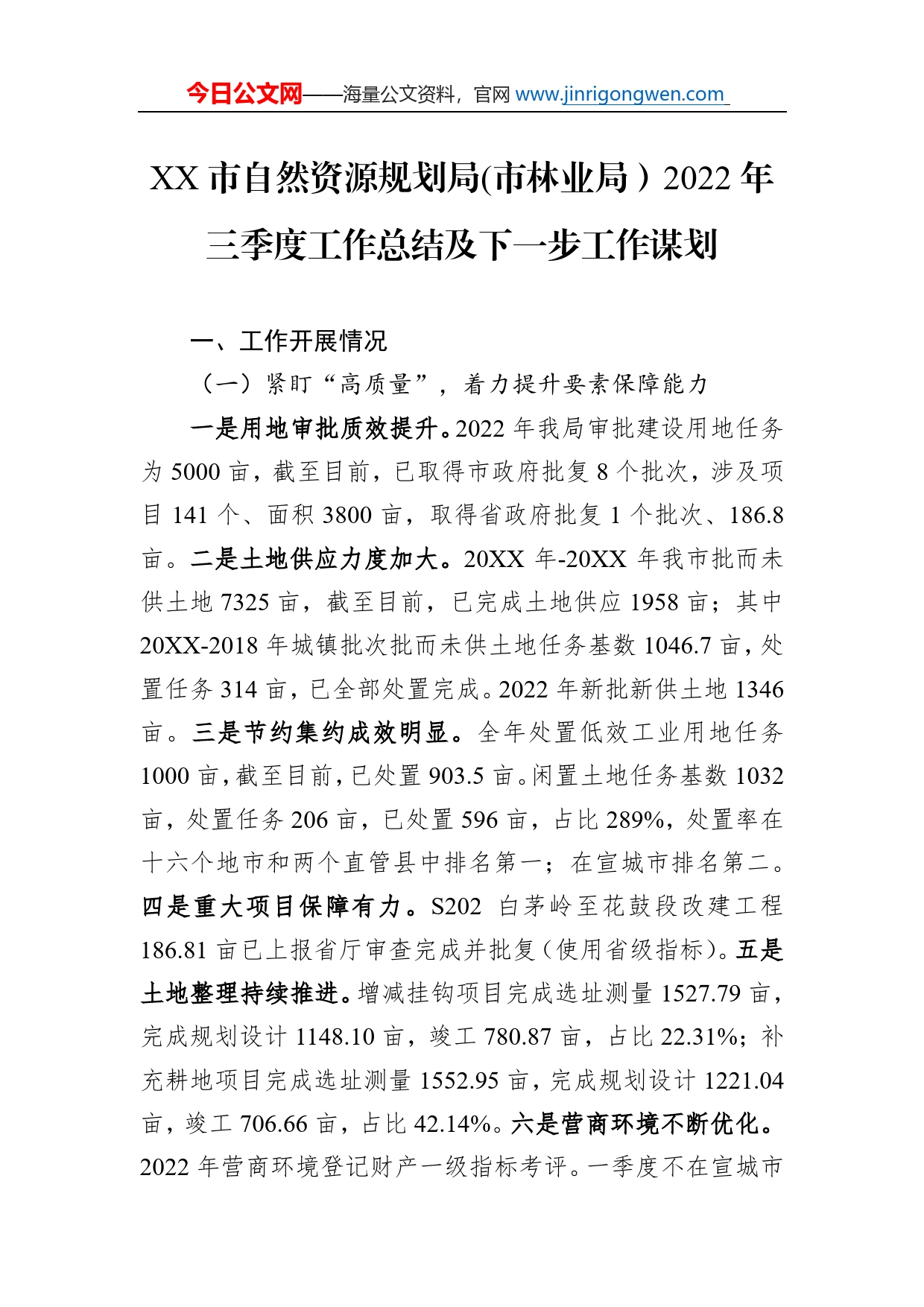 市自然资源规划局(市林业局）2022年三季度工作总结及下一步工作谋划（20221118）_第1页